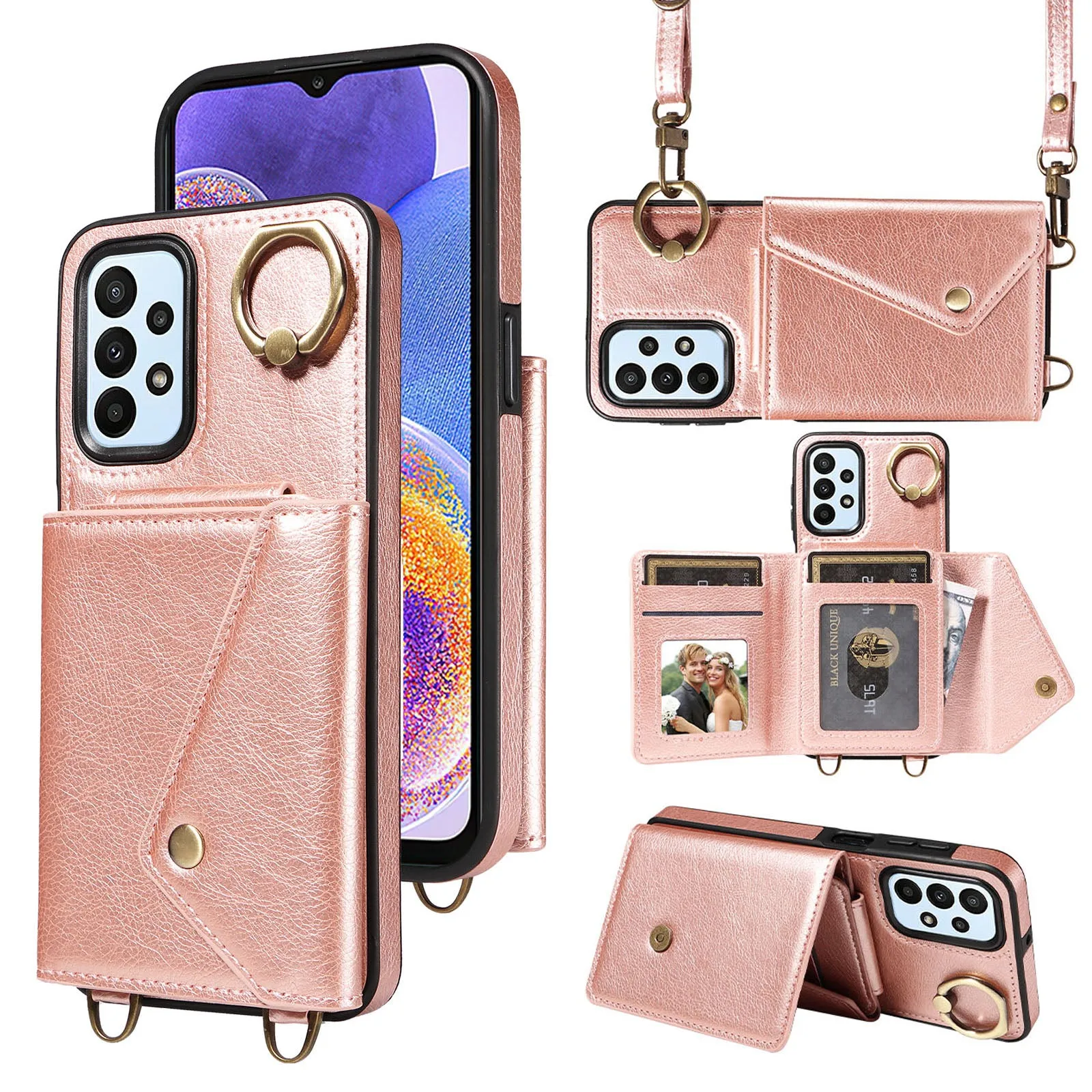 002 For Samsung Galaxy A23 4G / A23 5G (Global Version) Back Cover Card Bag Ring Kickstand Litchi Texture Leather Coated TPU Phone Case with Shoulder Strap