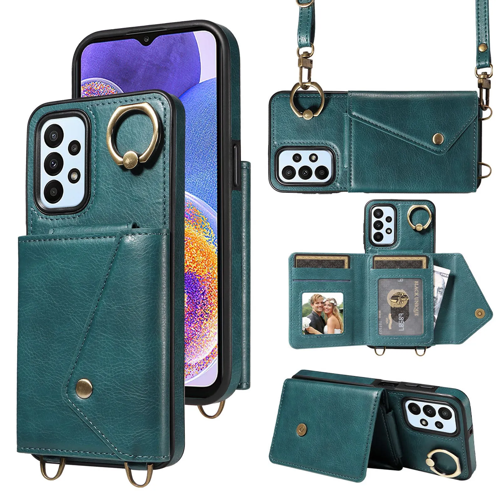 002 For Samsung Galaxy A23 4G / A23 5G (Global Version) Back Cover Card Bag Ring Kickstand Litchi Texture Leather Coated TPU Phone Case with Shoulder Strap