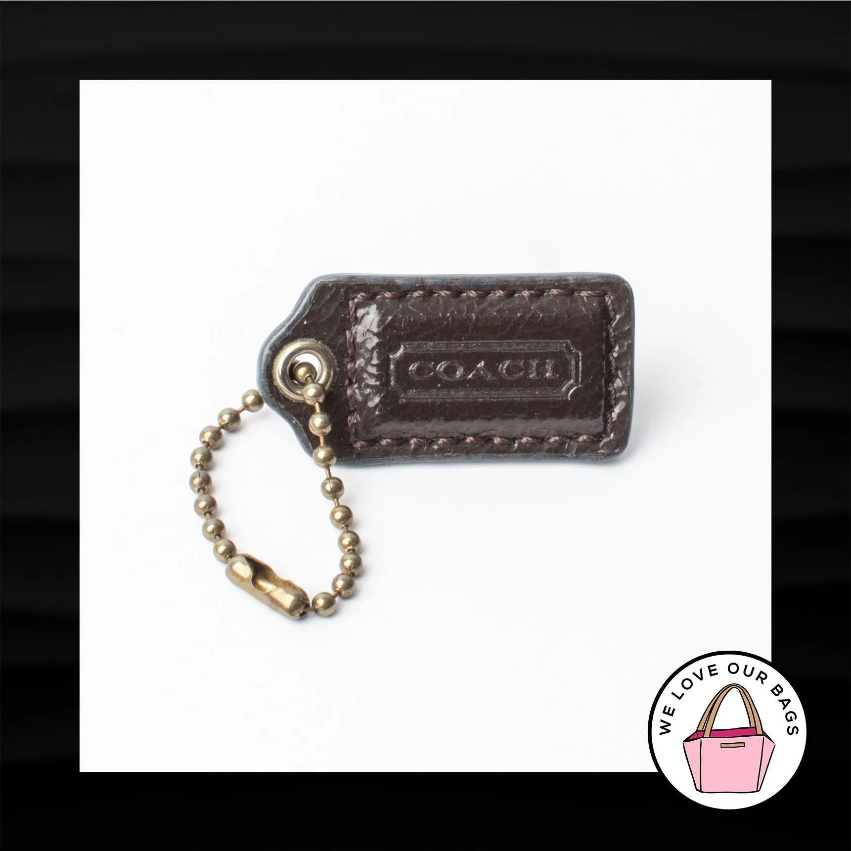 1.5" COACH BROWN PATENT LEATHER BRASS KEY FOB CHARM KEYCHAIN HANG TAG WRISTLET