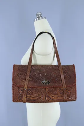 1960s Vintage Tooled Leather Shoulder Bag / Tortoise Lucite Clasp