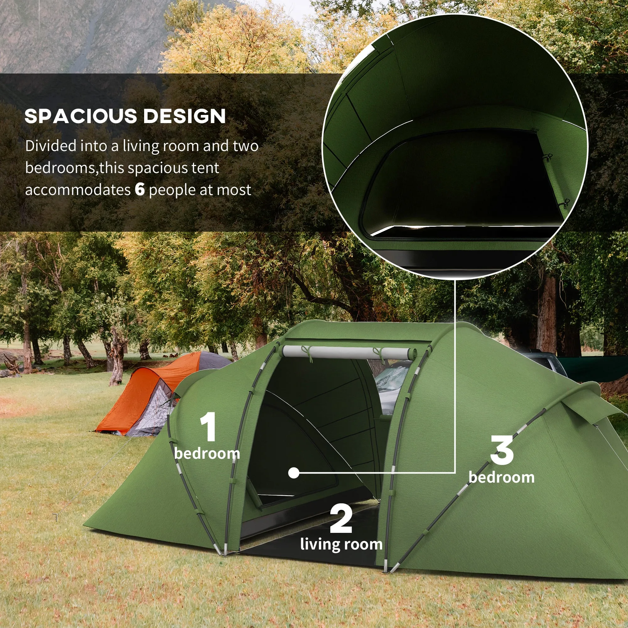 4-6 Man Camping Tent w/ Two Bedroom, Hiking Sun Shelter, UV Protection Tunnel Tent, Green