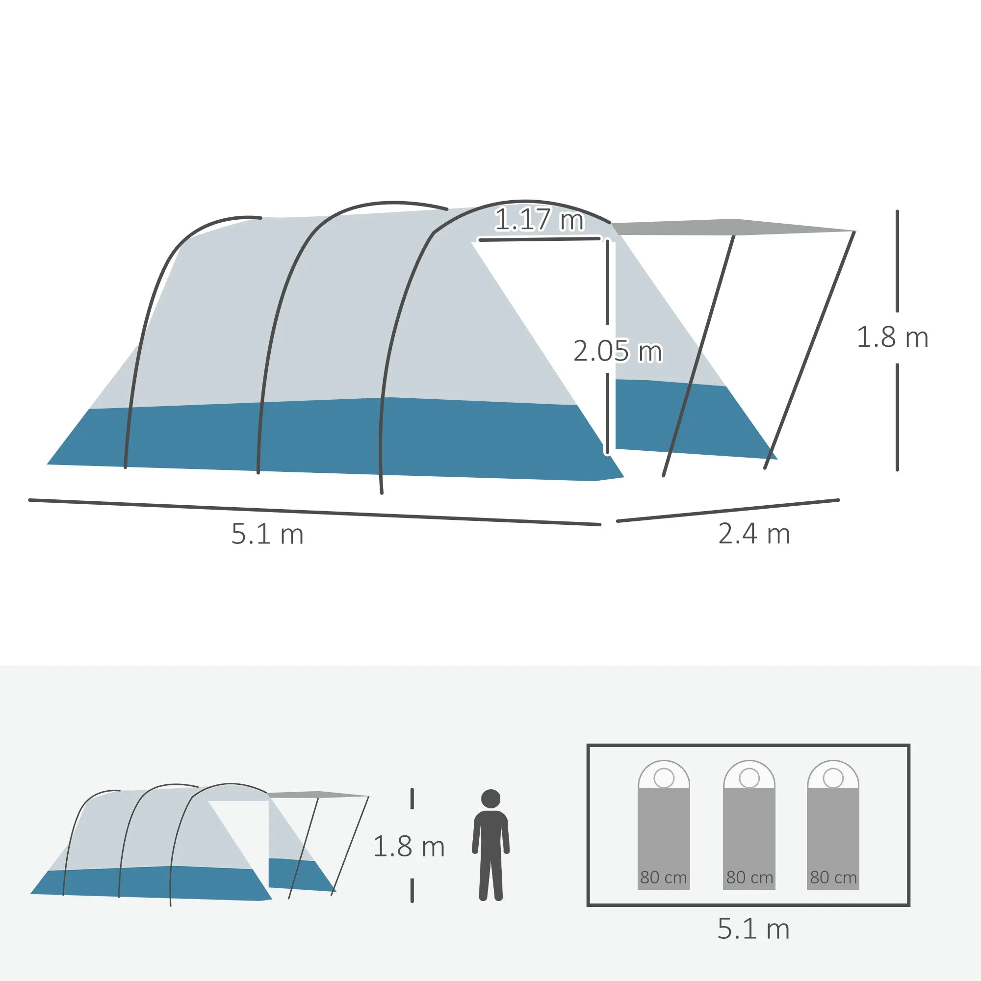 6-8 Person Tunnel Tent, Camping Tent with Bedroom, Living Room, Sewn-in Floor, 3 Doors and Carry Bag, 2000mm Water Column for Fishing, Blue