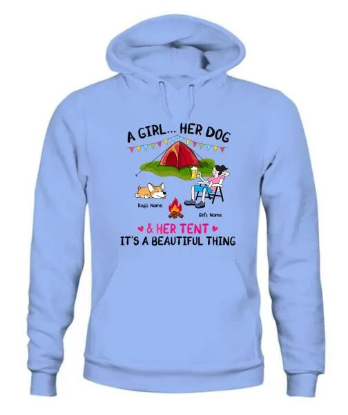 A Camping Girl And Her Fur Babies Personalized Graphic Apparel - Car, Skin, Hair, Drink, Pets And Name can be customized