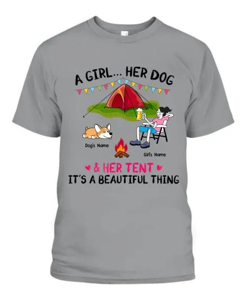 A Camping Girl And Her Fur Babies Personalized Graphic Apparel - Car, Skin, Hair, Drink, Pets And Name can be customized