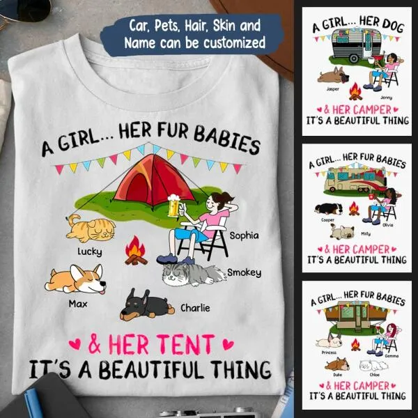 A Camping Girl And Her Fur Babies Personalized Graphic Apparel - Car, Skin, Hair, Drink, Pets And Name can be customized