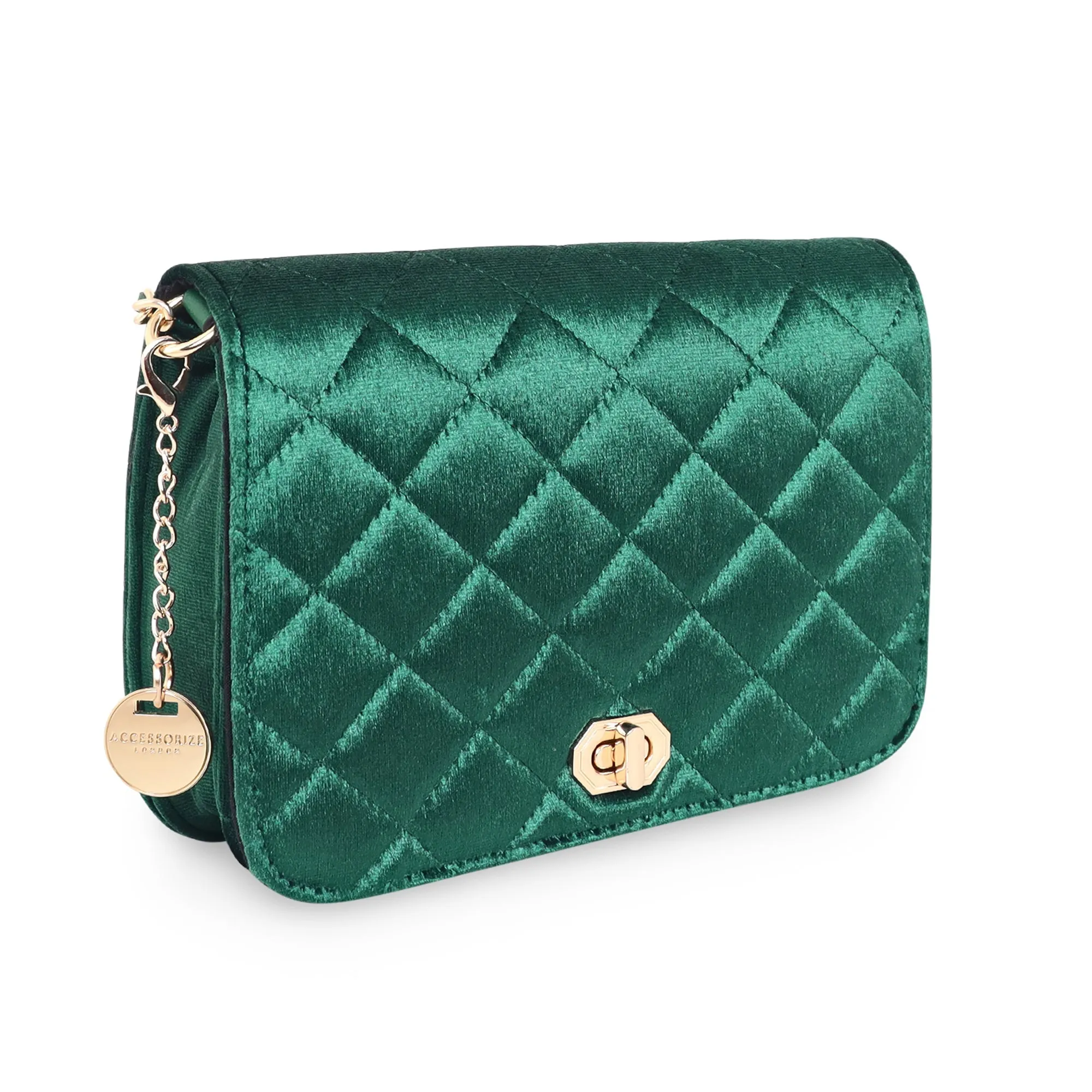 Accessorize London Women's Erin Quilted Velvet Green Sling Bag