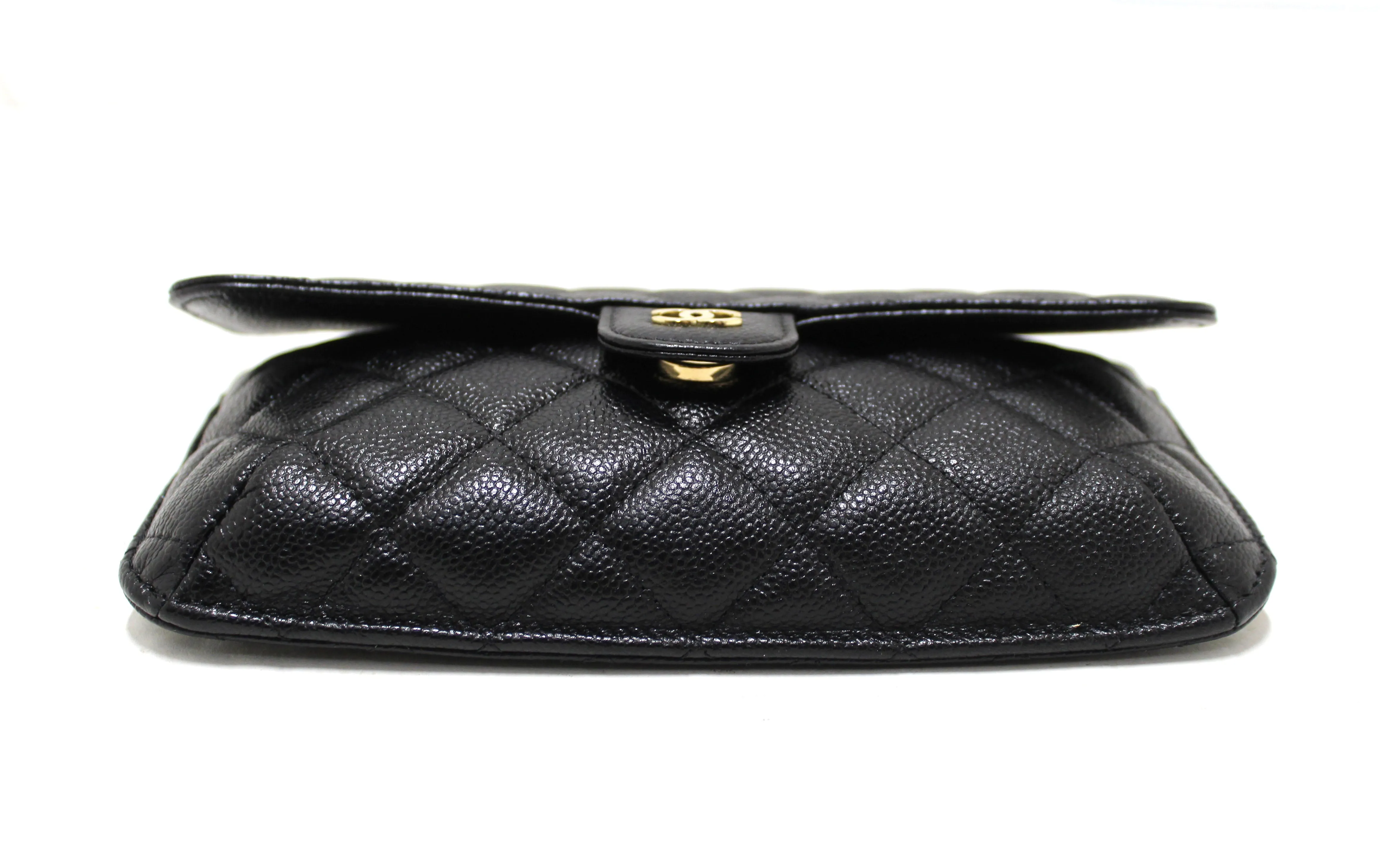 Authentic Chanel Black Caviar Quilted Leather Phone Bag On Chain Crossbody Bag