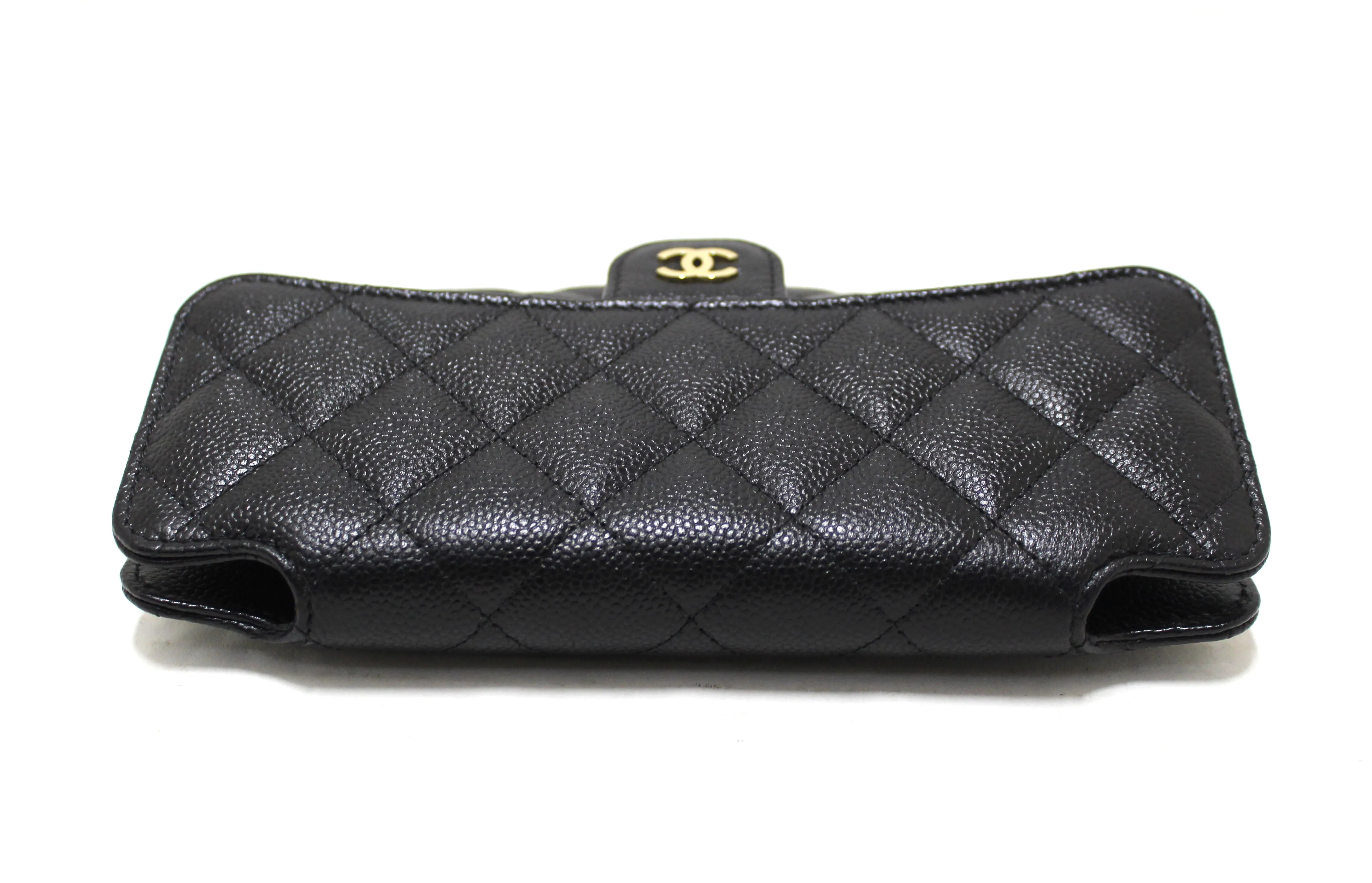 Authentic Chanel Black Caviar Quilted Leather Phone Bag On Chain Crossbody Bag