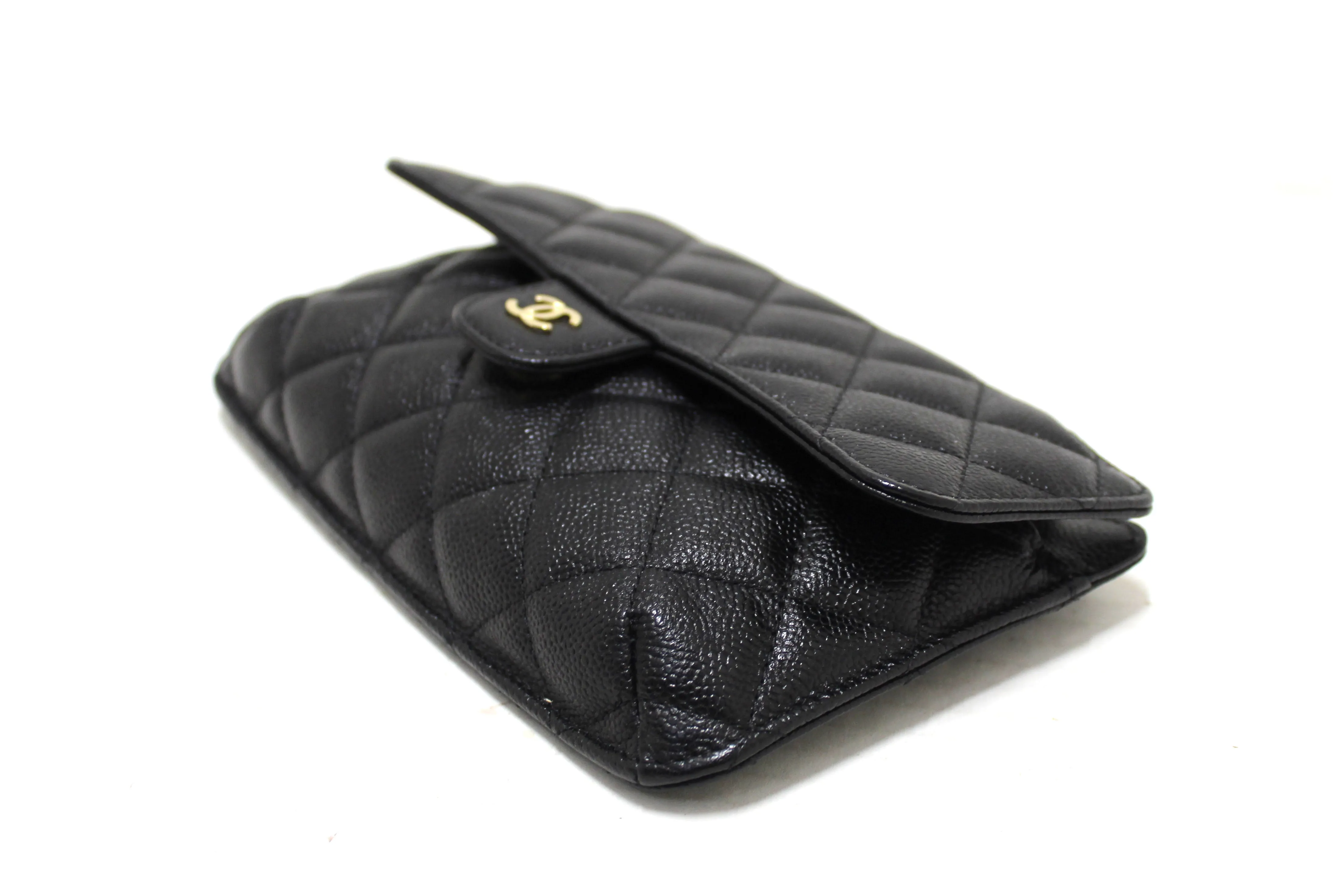 Authentic Chanel Black Caviar Quilted Leather Phone Bag On Chain Crossbody Bag