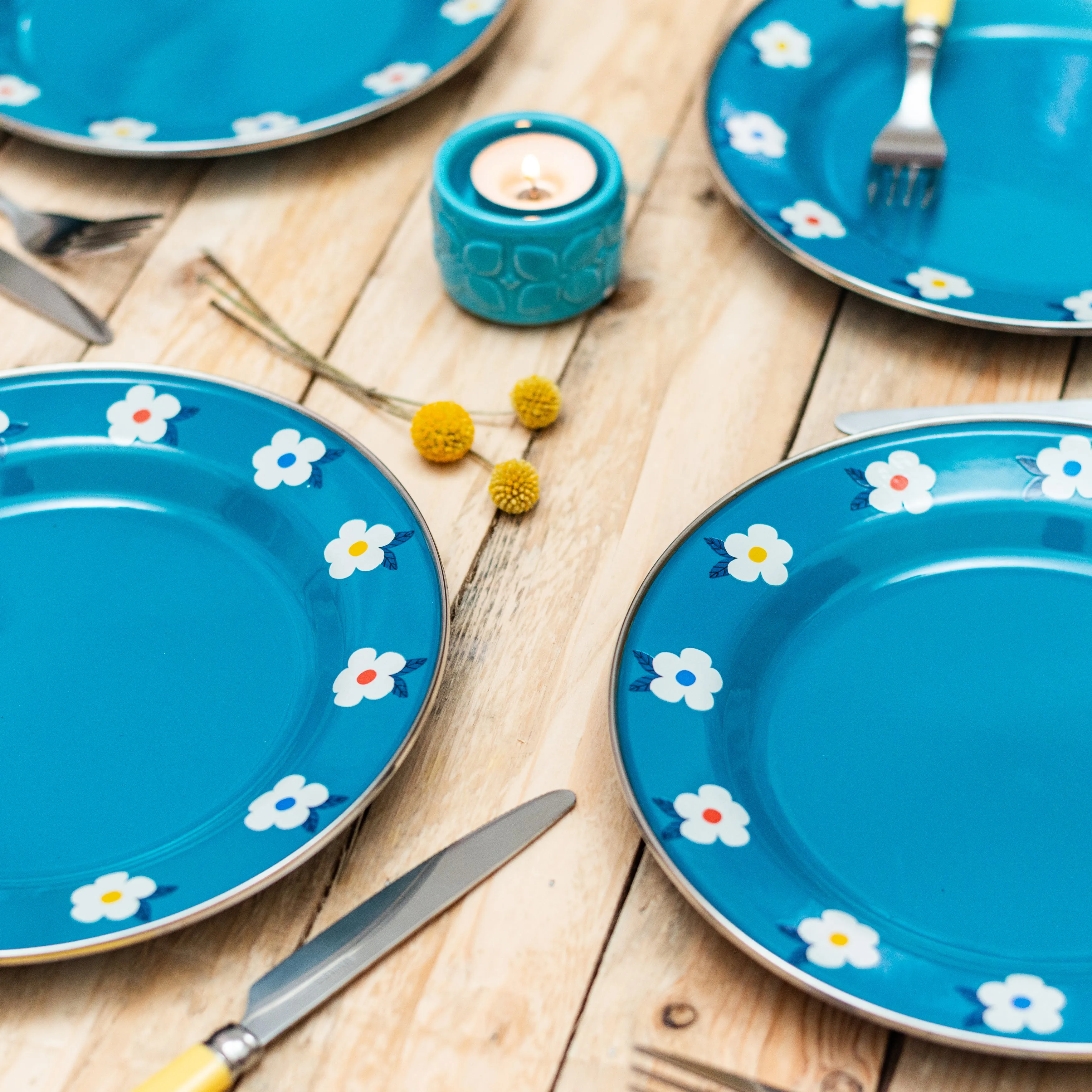 Beautiful Enamel Plate In Ocean Teal Blue Retro Floral - Enamelhappy