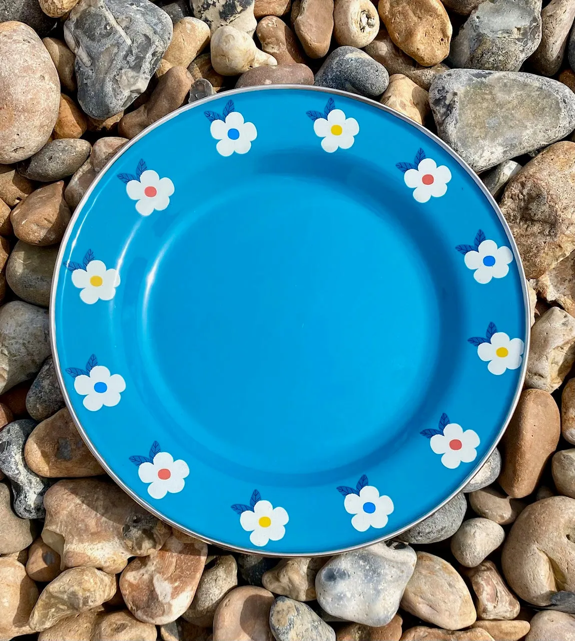 Beautiful Enamel Plate In Ocean Teal Blue Retro Floral - Enamelhappy