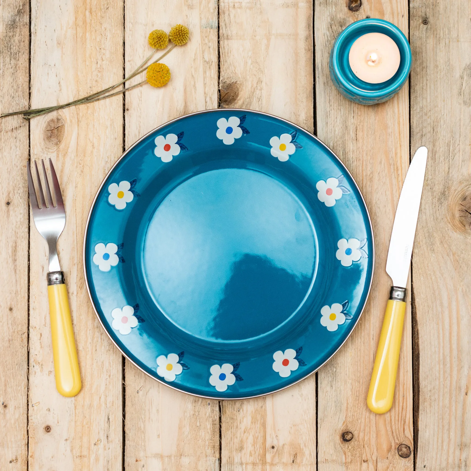 Beautiful Enamel Plate In Ocean Teal Blue Retro Floral - Enamelhappy