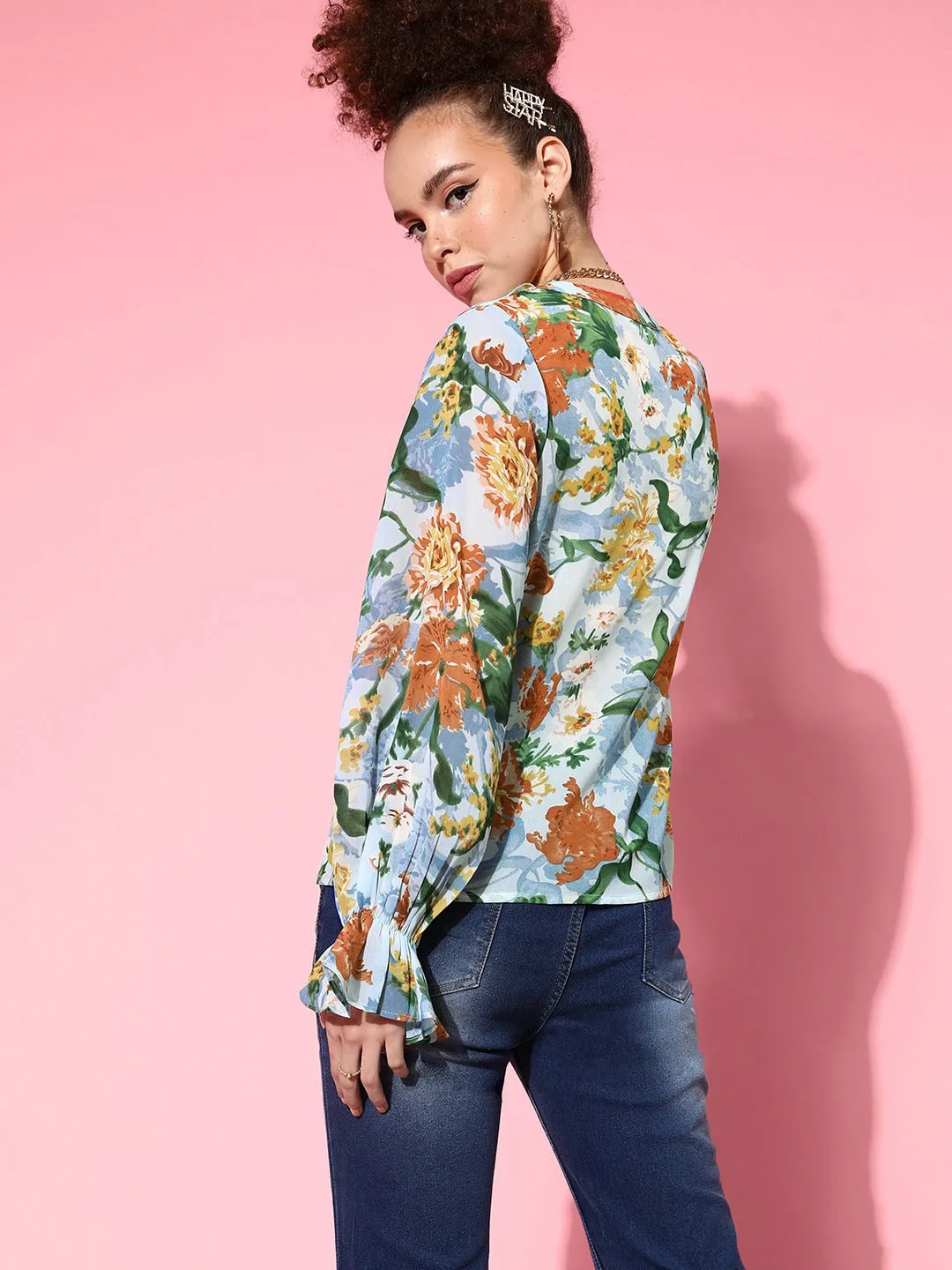 Berrylush Women Blue & Green Floral Printed V-Neck Bishop Sleeves Front Button Ruffled Regular Top