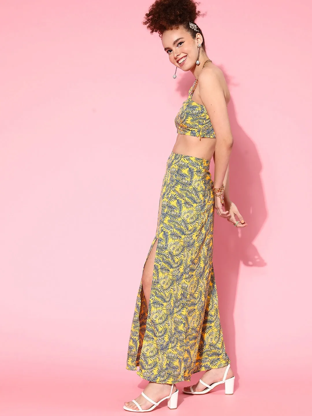 Berrylush Women Yellow & Green Floral Printed One-Shoulder Neck Thigh-High Slit Maxi Co-Ordinate Set