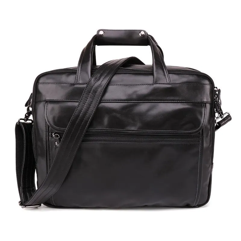 Black Leather Mens 15 inches Large Laptop Work Bag Handbag Briefcase Shoulder Bags Business Bags For Men