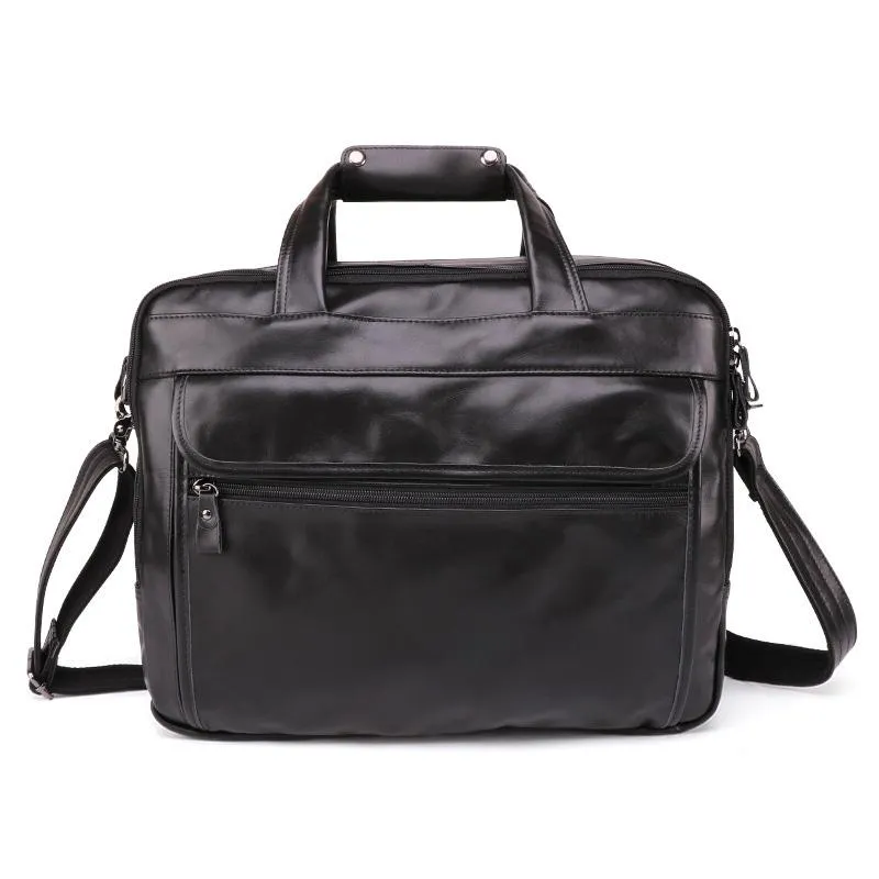 Black Leather Mens 15 inches Large Laptop Work Bag Handbag Briefcase Shoulder Bags Business Bags For Men