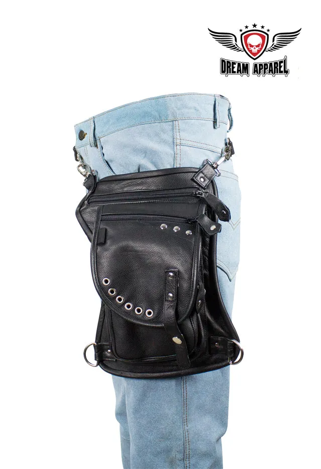 Black Naked Cowhide Leather Thigh Bag W/ Gun Pocket