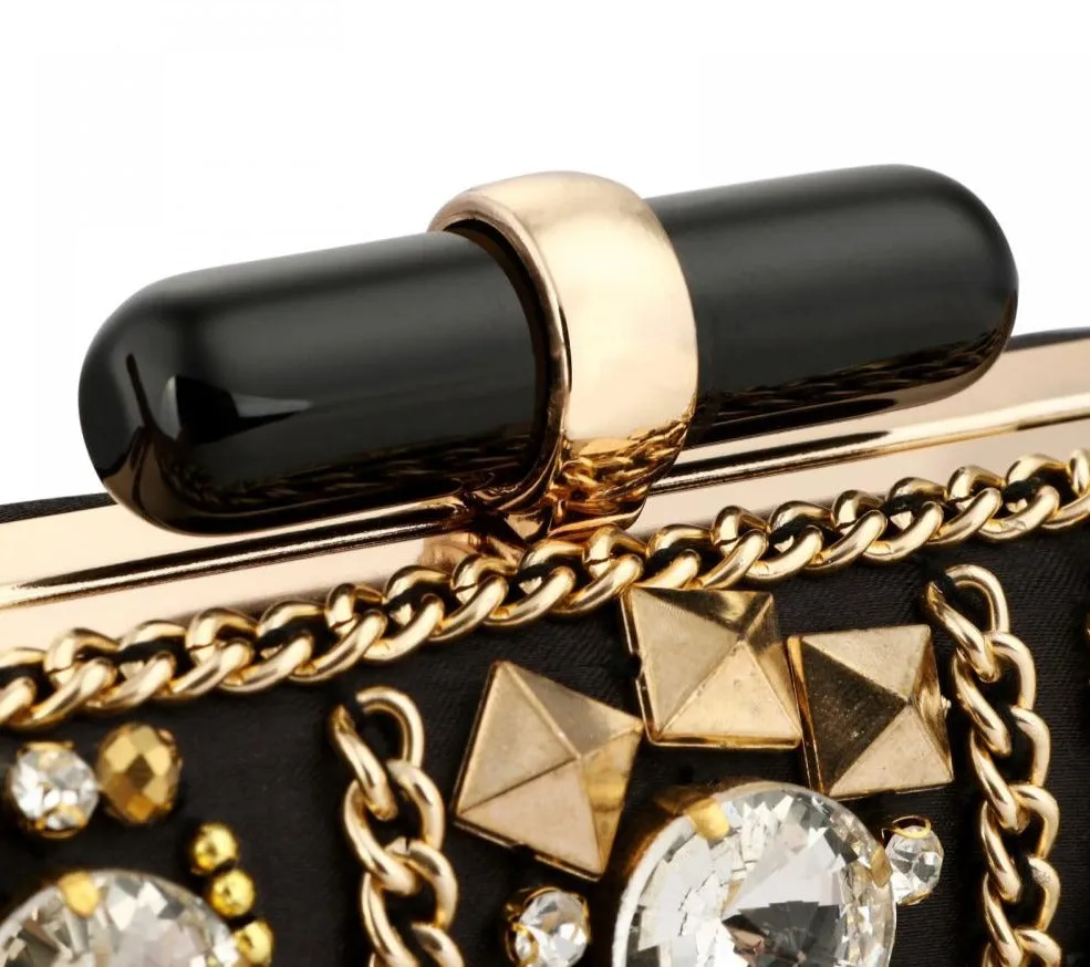 Black Satin Beaded Rhinestone Clutch Bag