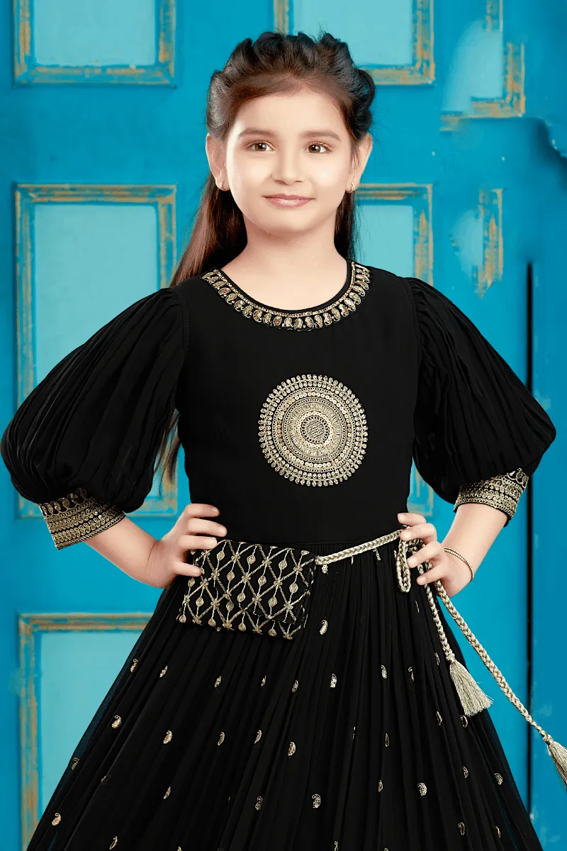 Black Zari and Sequins work Long Party Gown for Girls with Matching Designer Bag