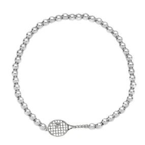 Born To Rally Silver Rhinestone Tennis Racket Beaded Bracelet