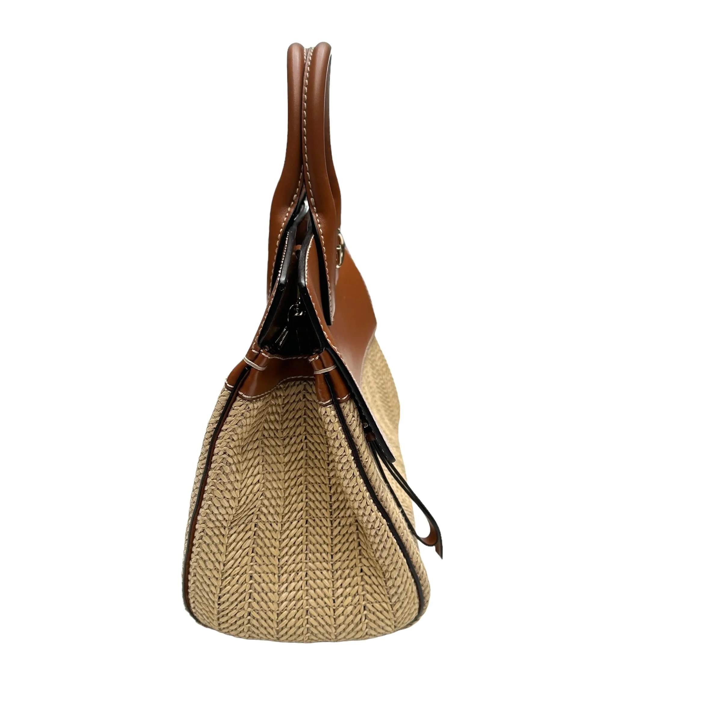 Brown Leather & Raffia Bag w/Crossbody Strap