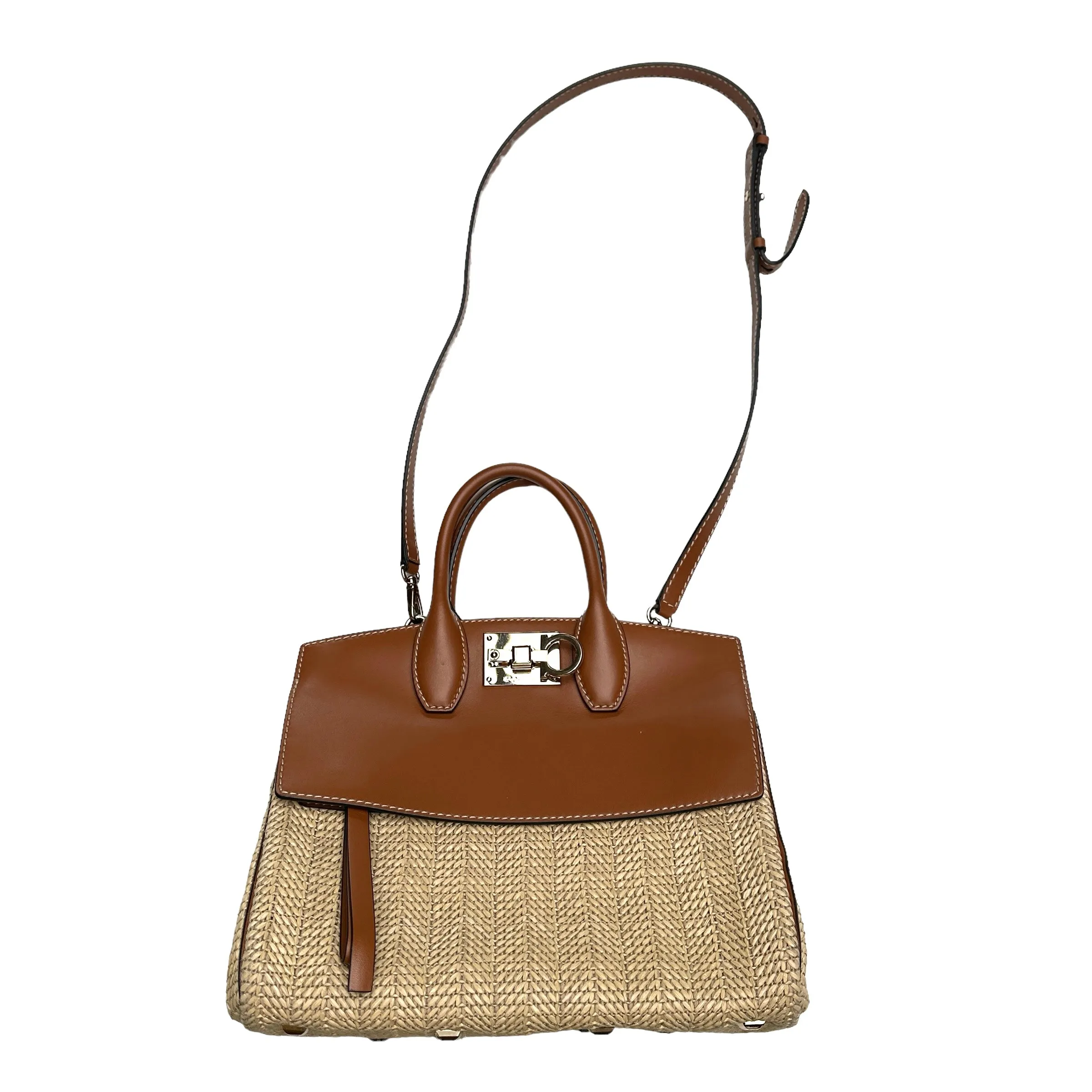 Brown Leather & Raffia Bag w/Crossbody Strap