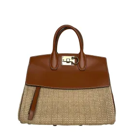 Brown Leather & Raffia Bag w/Crossbody Strap