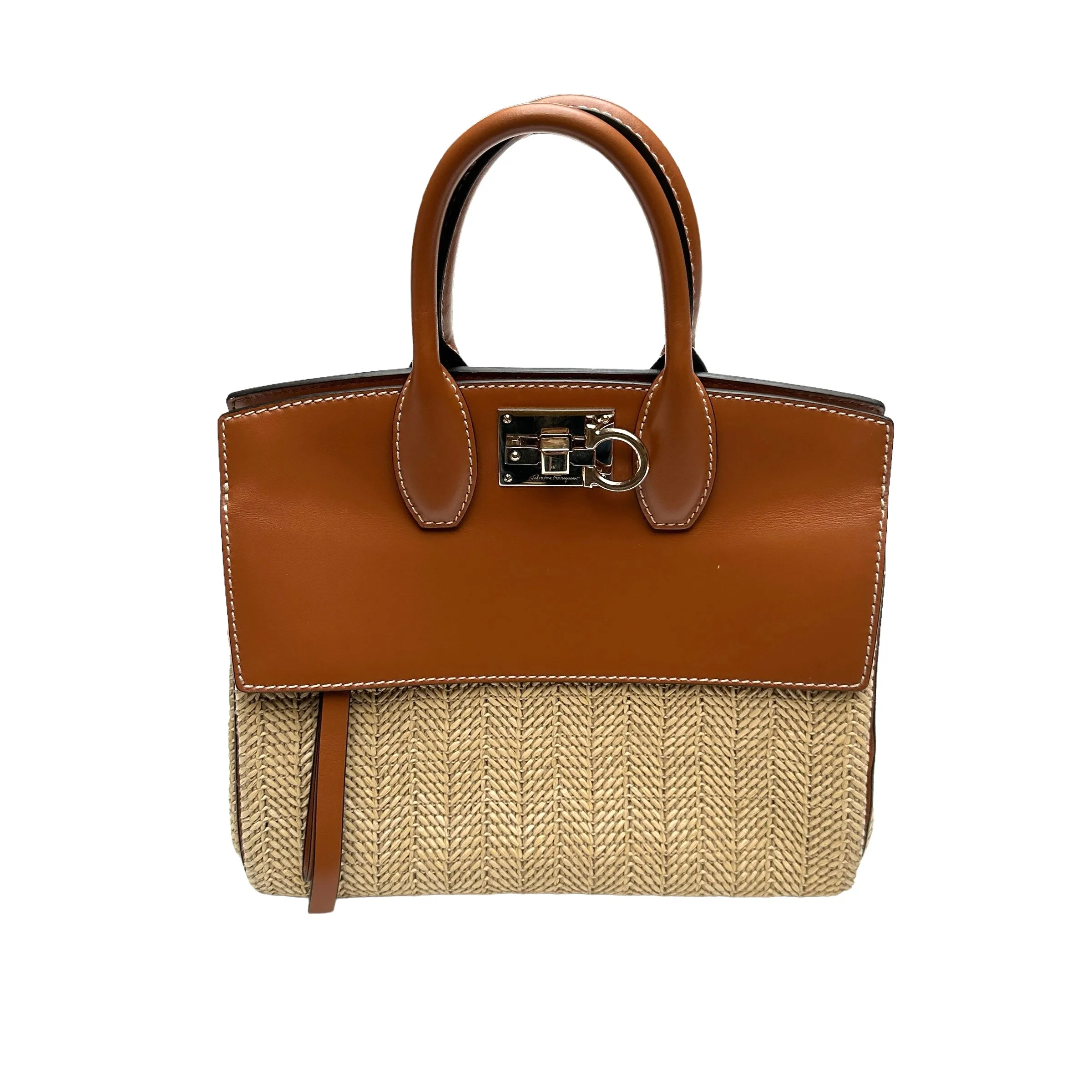 Brown Leather & Raffia Bag w/Crossbody Strap