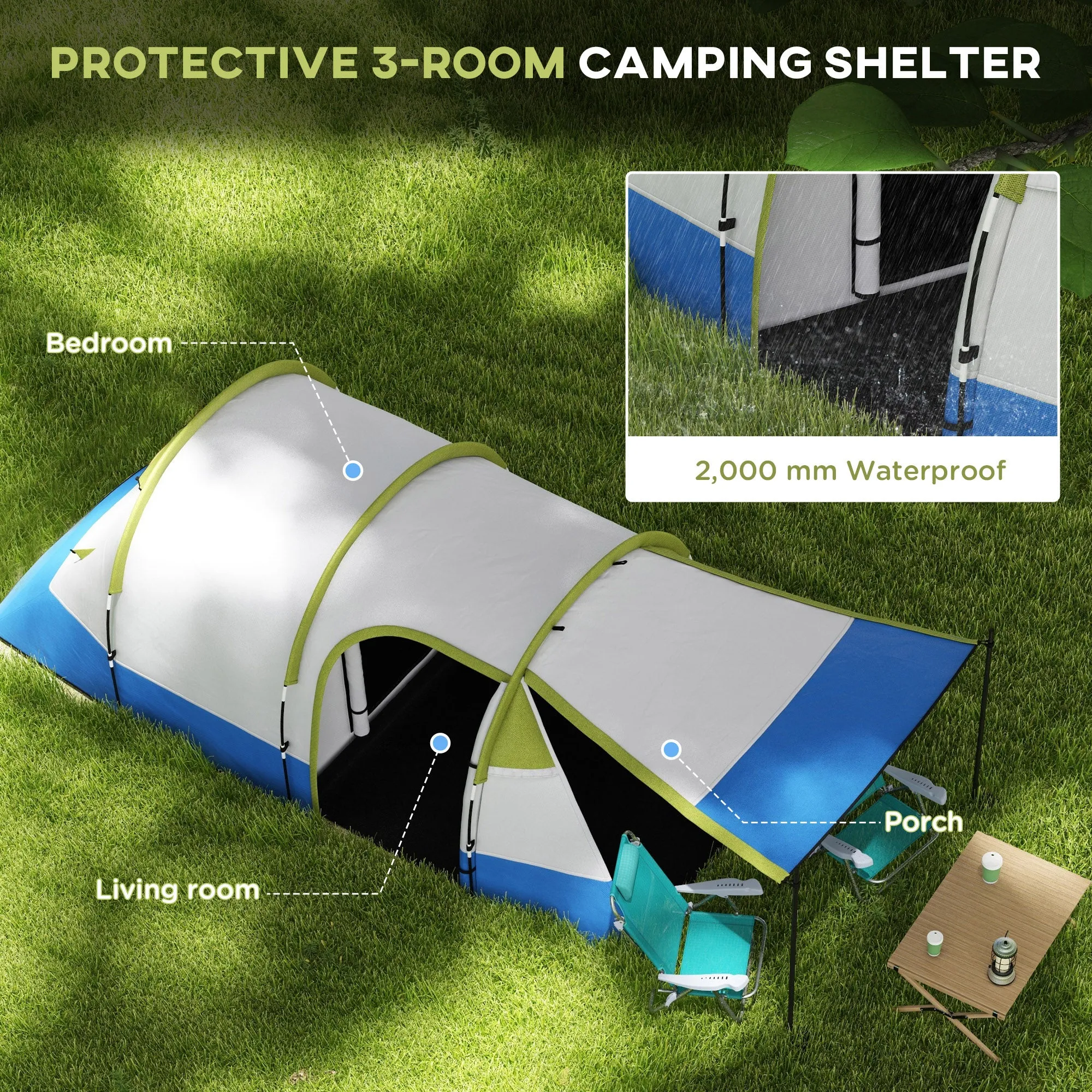 Camping Tent, Large Tunnel Tent with Bedroom and Living Area, 2000mm Waterproof, Portable with Bag for 2-3 Man, Green