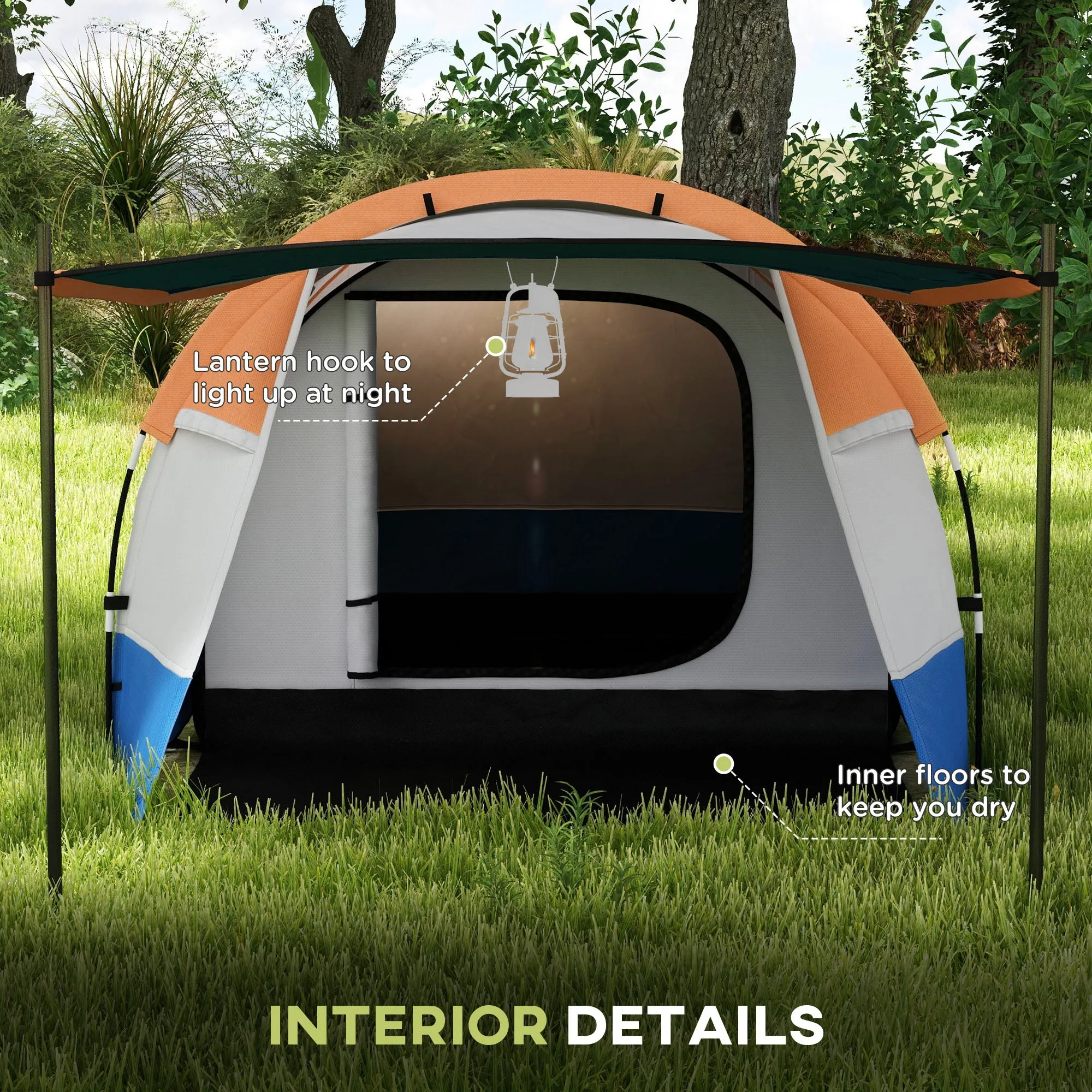 Camping Tent, Large Tunnel Tent with Bedroom and Living Area, 2000mm Waterproof, Portable with Bag for 2-3 Man, Orange