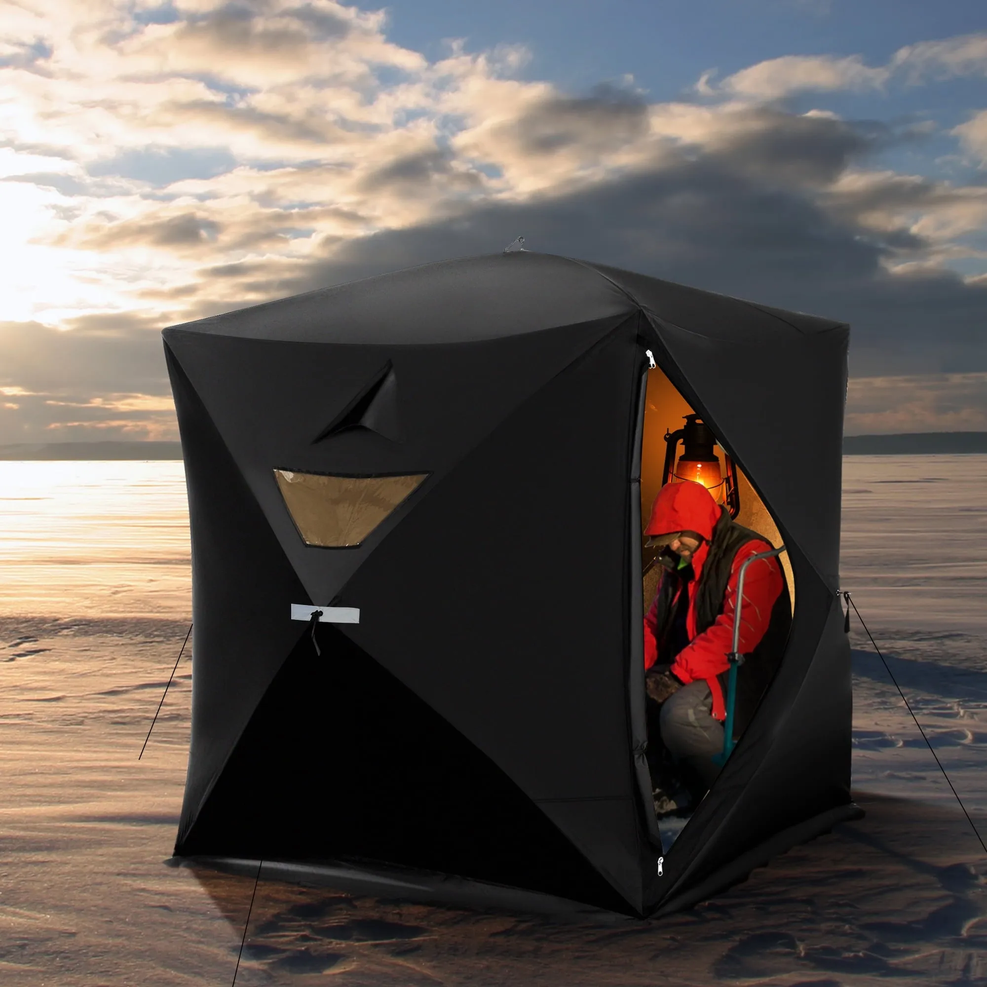 classic 2-4 People Ice Fishing Shelter, Pop-Up Portable Ice Fishing Tent with Carry Bag, Two Doors, Windows and Vents, Ice Shanty for Winter Fishing, Red