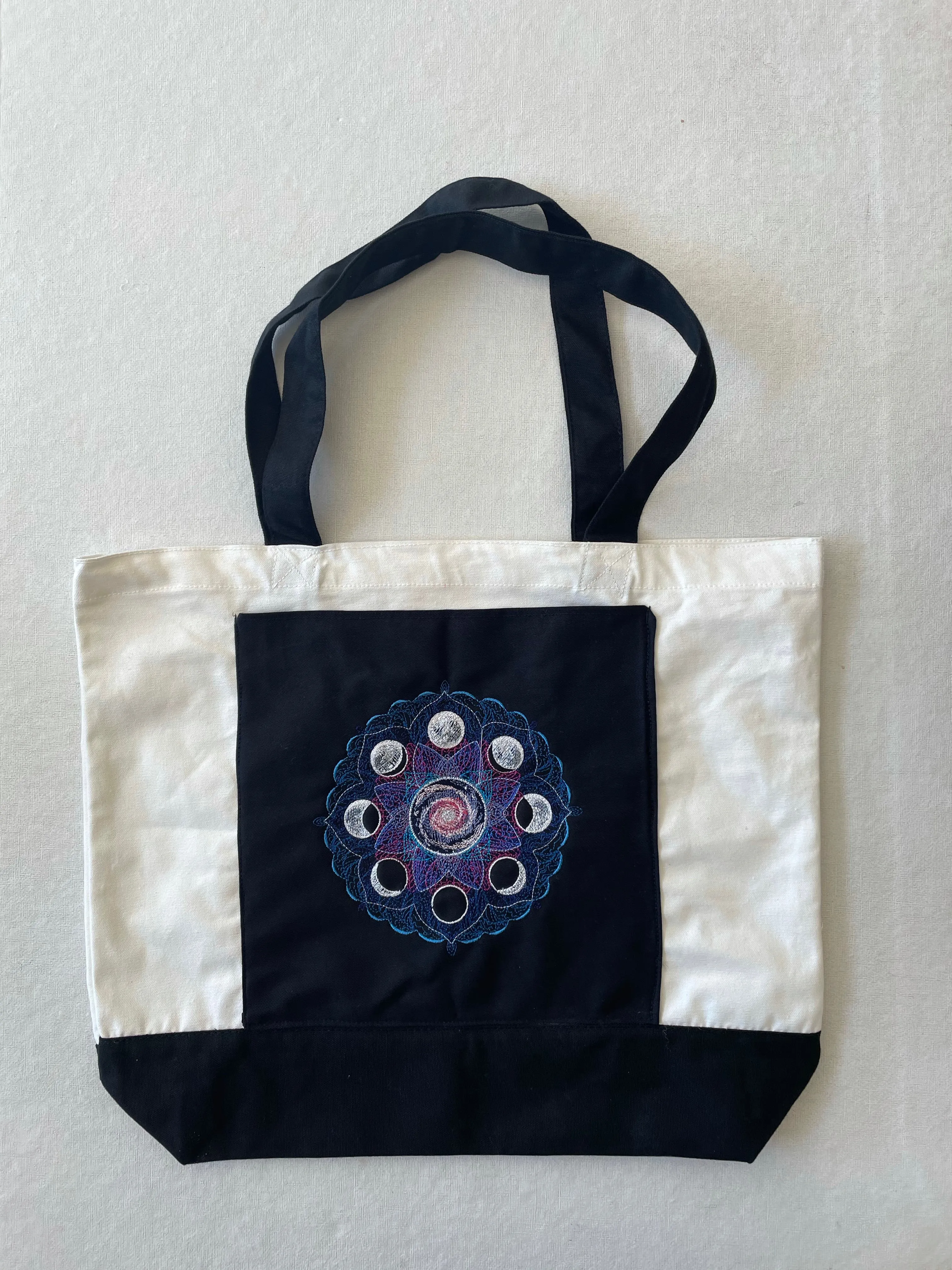 Cosmic Moon Phases with Pocket Embroidered Cotton Canvas Tote Bag