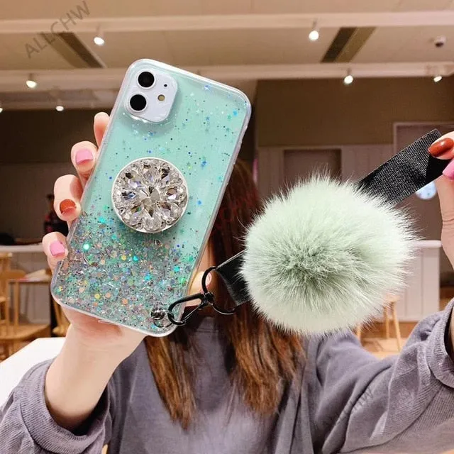 Crystal holder Stand Fur Ball Strap Phone case For iPhone 11 PRO MAX 6 6s 8 7 Plus XSMAX XR 5S SE12 Bling Glitter TPU Coque