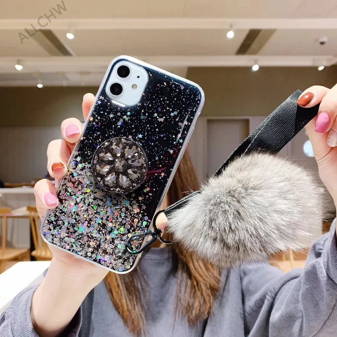 Crystal holder Stand Fur Ball Strap Phone case For iPhone 11 PRO MAX 6 6s 8 7 Plus XSMAX XR 5S SE12 Bling Glitter TPU Coque