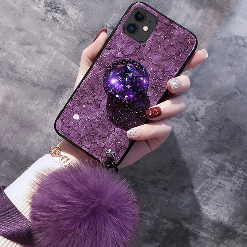 Crystal holder Stand Fur Ball Strap Phone case For iPhone 11 PRO MAX 6 6s 8 7 Plus XSMAX XR 5S SE12 Bling Glitter TPU Coque