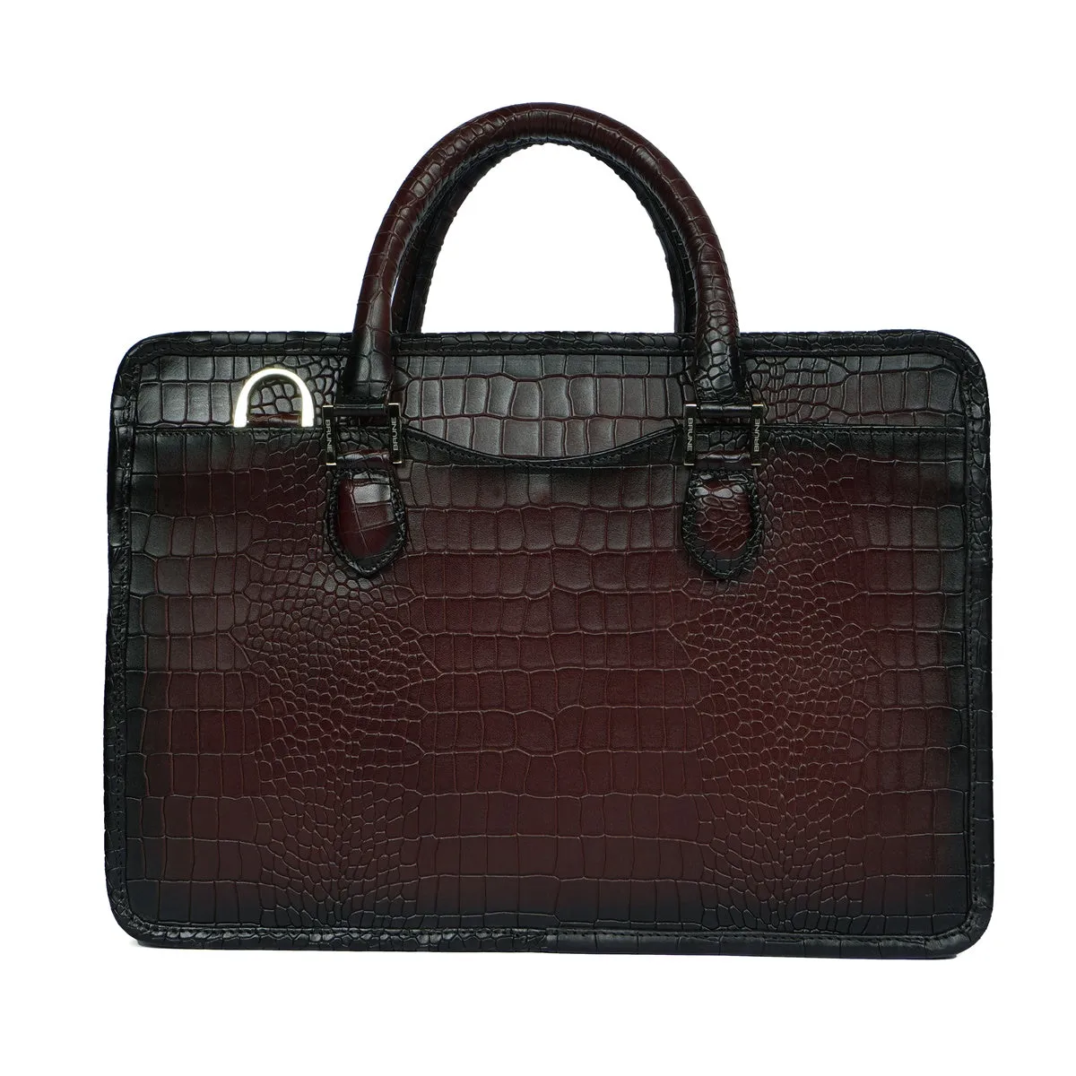 Dark Brown Croco Burnished Leather Laptop Briefcase By Brune & Bareskin