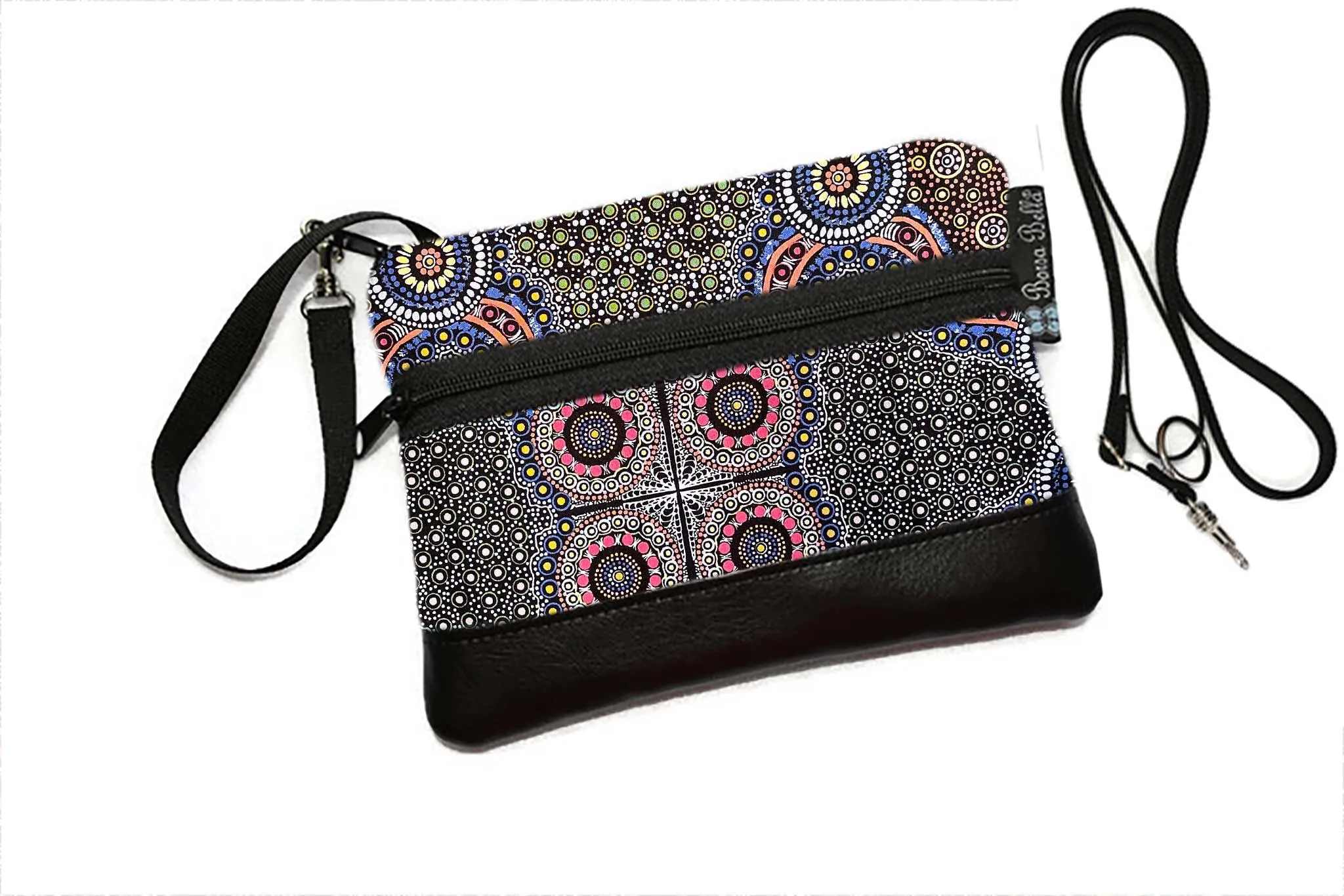 Deluxe Long Zip Phone Bag - Converts to Cross Body Purse - Black Wild Bush Flowers Fabric