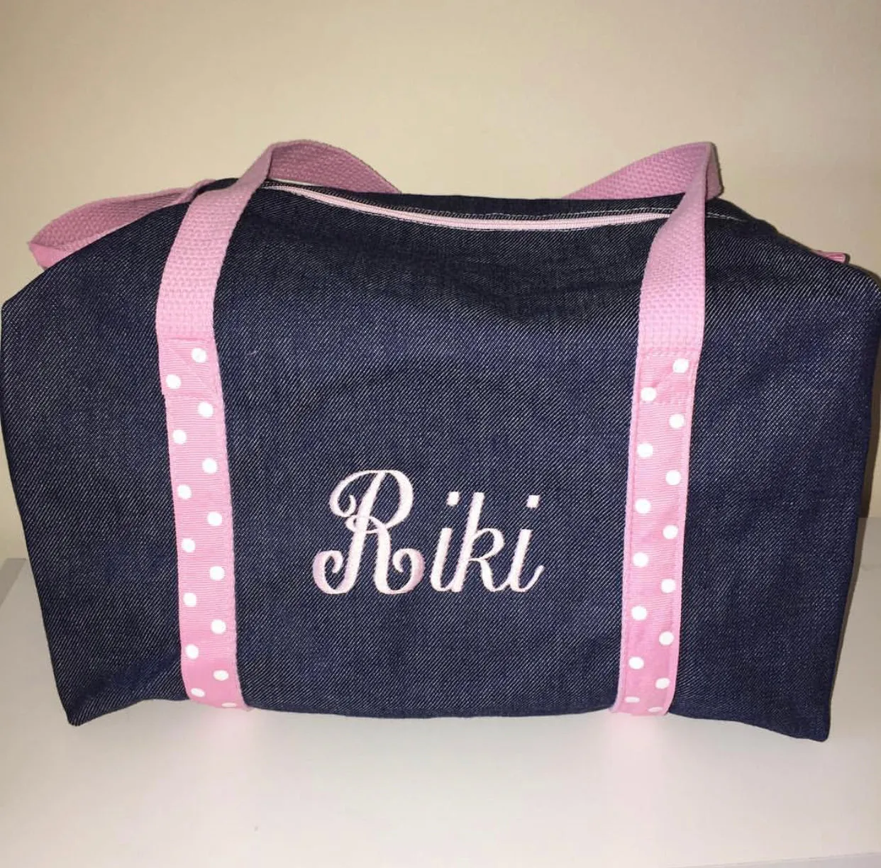 Denim and Light Pink Polka Dots Duffle