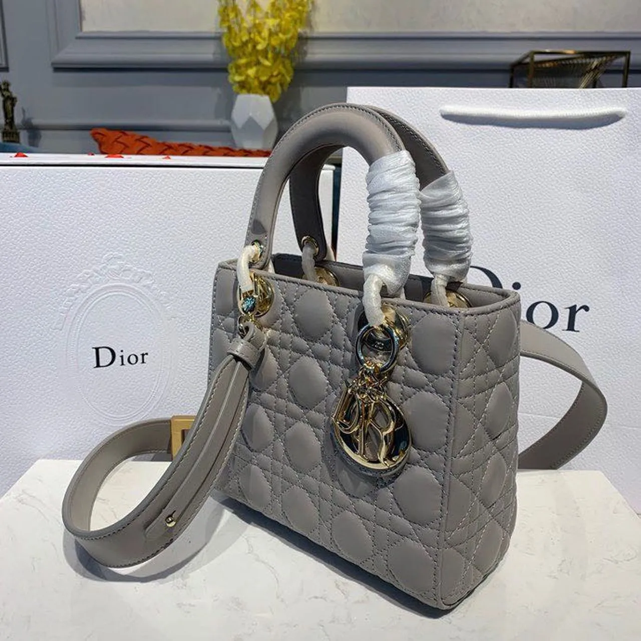 DI Small Lady Bag Gold Toned Hardware Light Gray For Women 8in/20cm CD