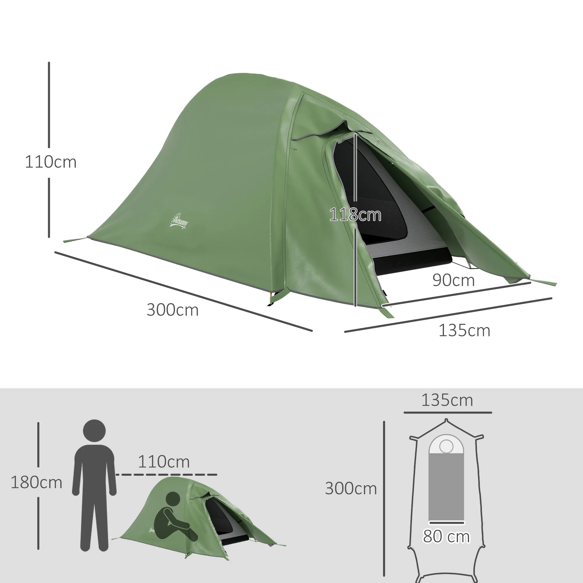 Double Layer Camping Tent, 1-2 Man Backpacking Tent with Carry Bag, 2000mm Waterproof and Lightweight, Green