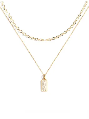 Double Layer Textured Chain   Open CZ Pendant Necklace | Gold