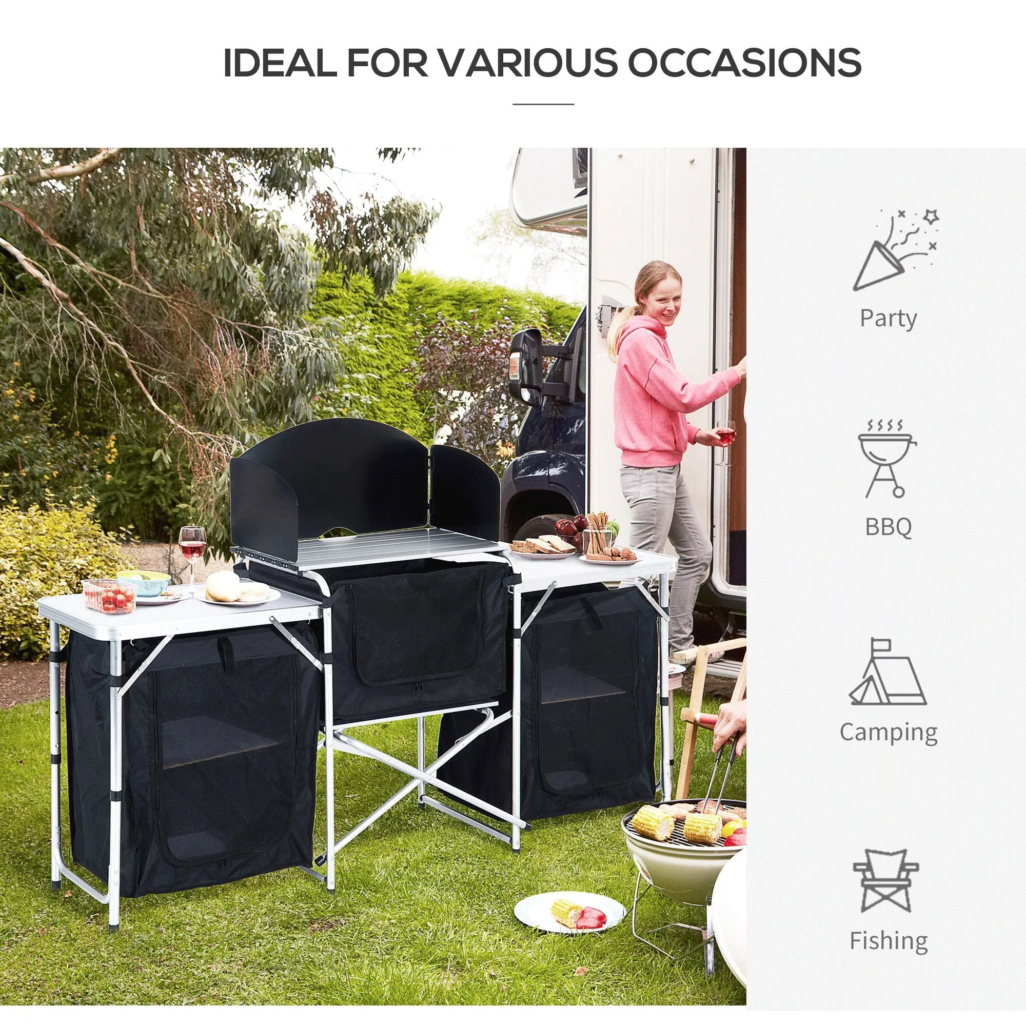 Folding Camping Kitchen Cooking Table With Windscreen, Enclosed Cupboards, Aluminium Frame for BBQ, Party, Picnic