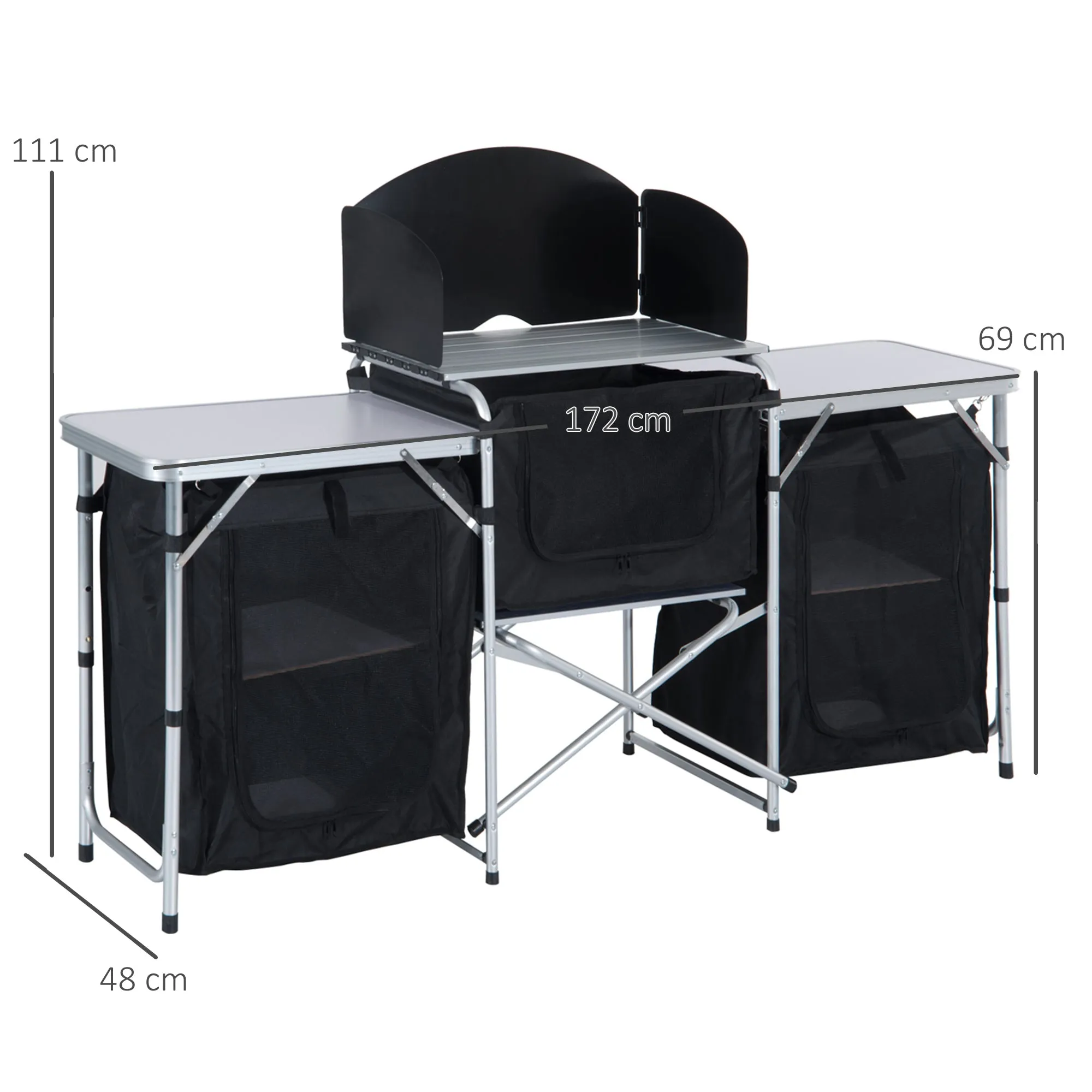 Folding Camping Kitchen Cooking Table With Windscreen, Enclosed Cupboards, Aluminium Frame for BBQ, Party, Picnic