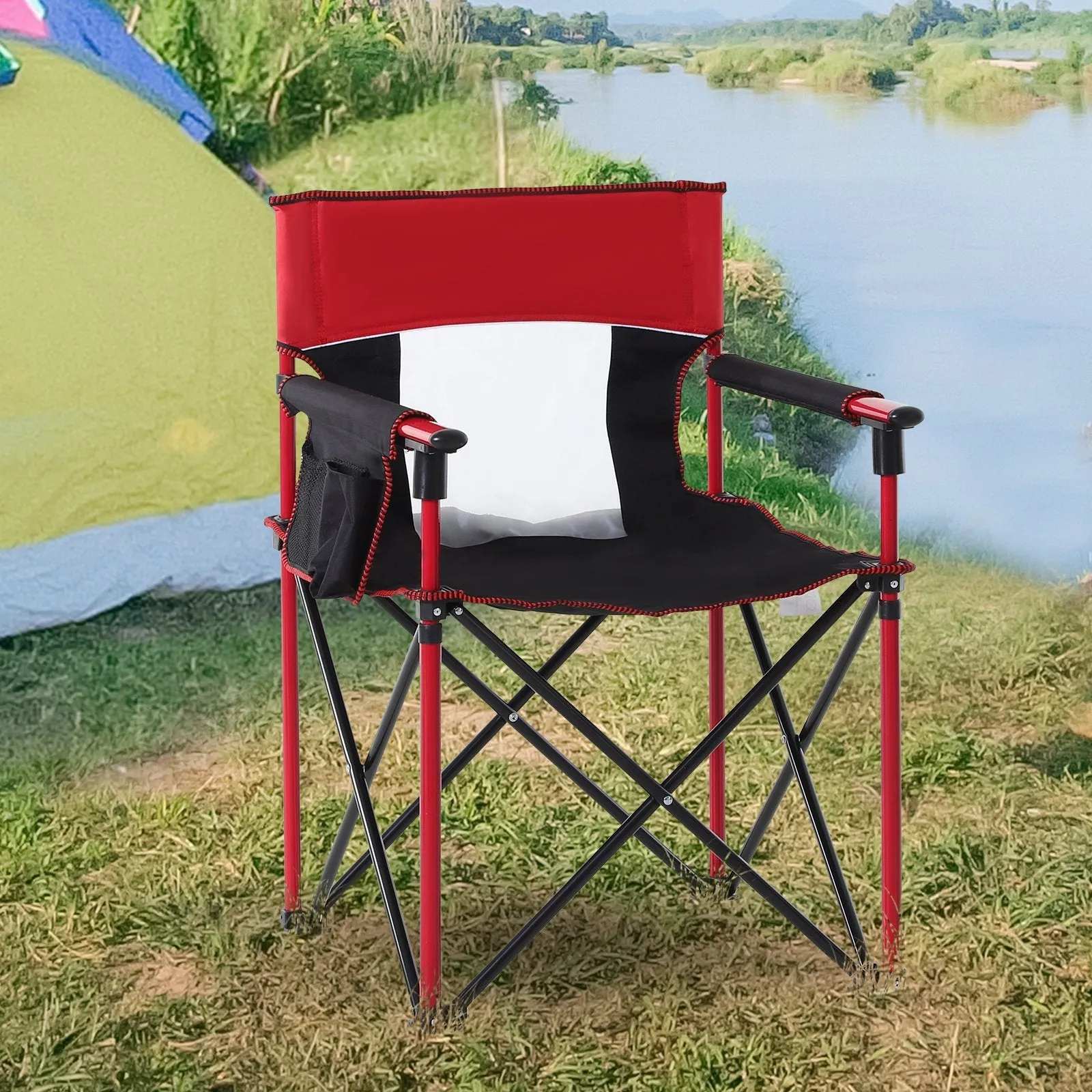 Folding Fishing Camping Chair Portable Picnic Armchair Director Seat Oxford Metal Frame with Cup Holder