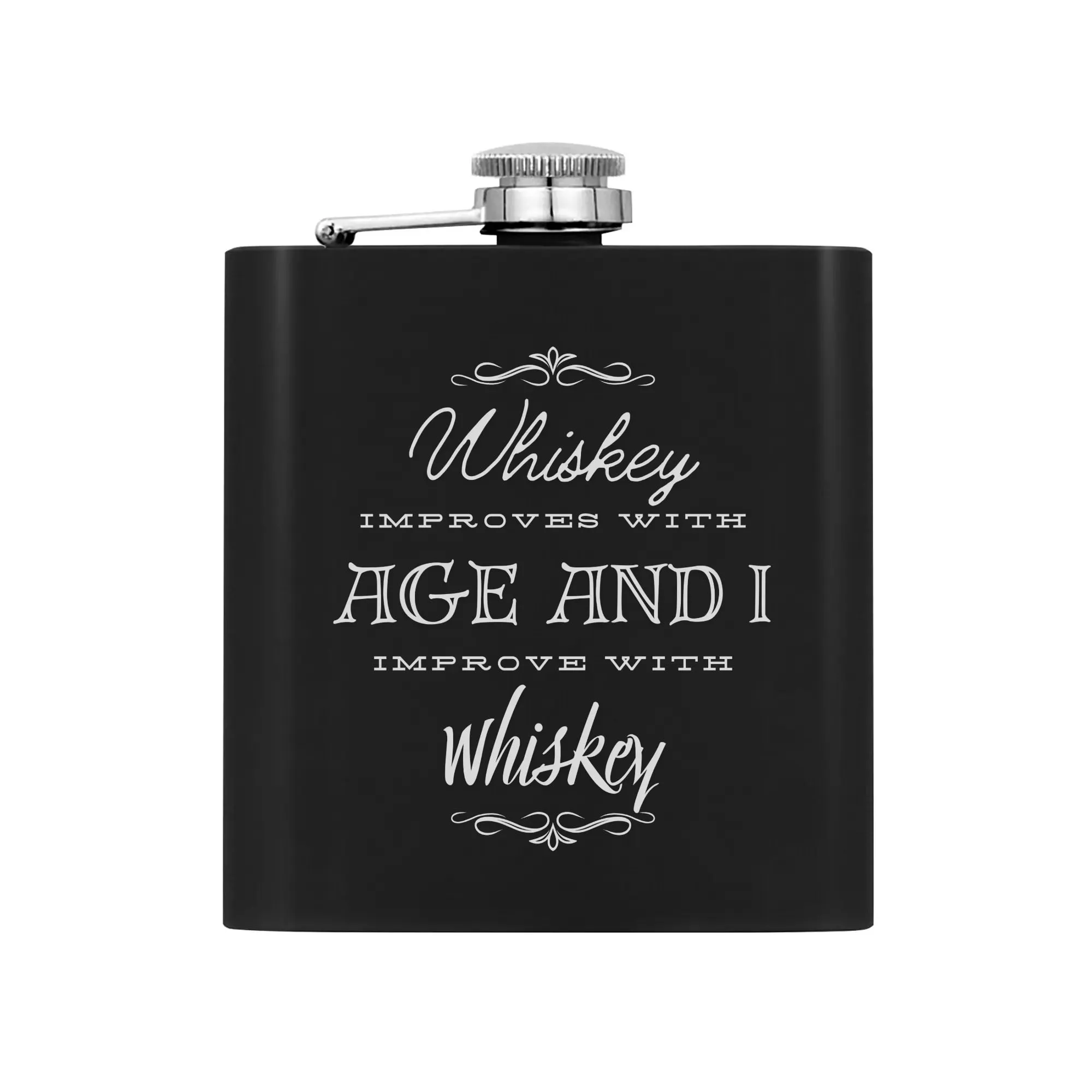 Funny Gag Gift for men | Stainless Steel Hip Flask Gift Set with Funnel & Shot Glasses – I improve with Whiskey