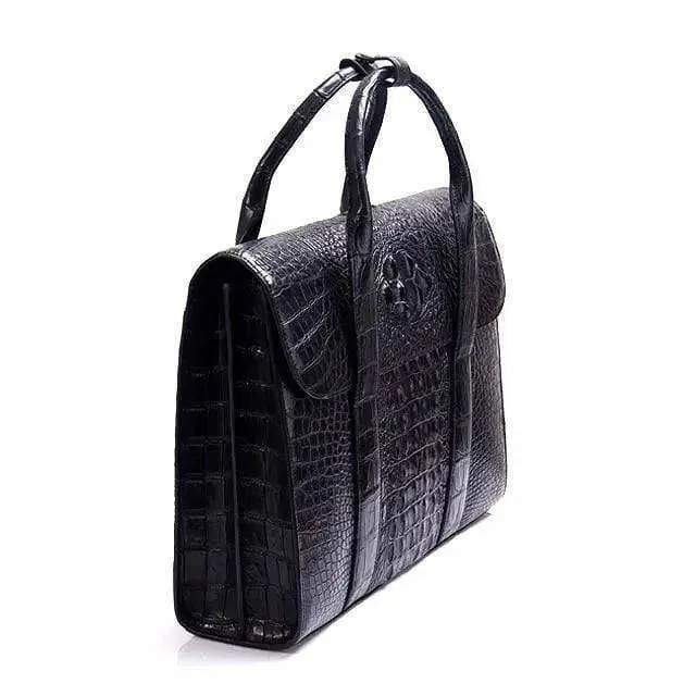 Genuine Crocodile Skin Leather Business Briefcase Bag With Fold over Flap