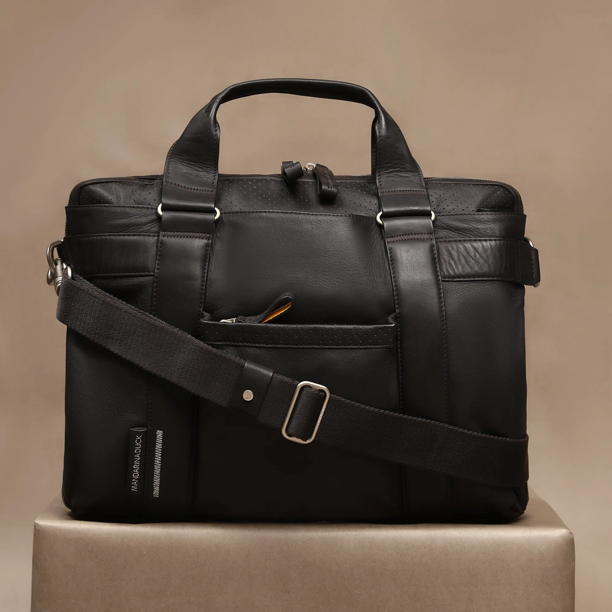 Grace Collection Limited Edition Genuine Leather Brown Laptop Bag With Strap - Mandarina Duck