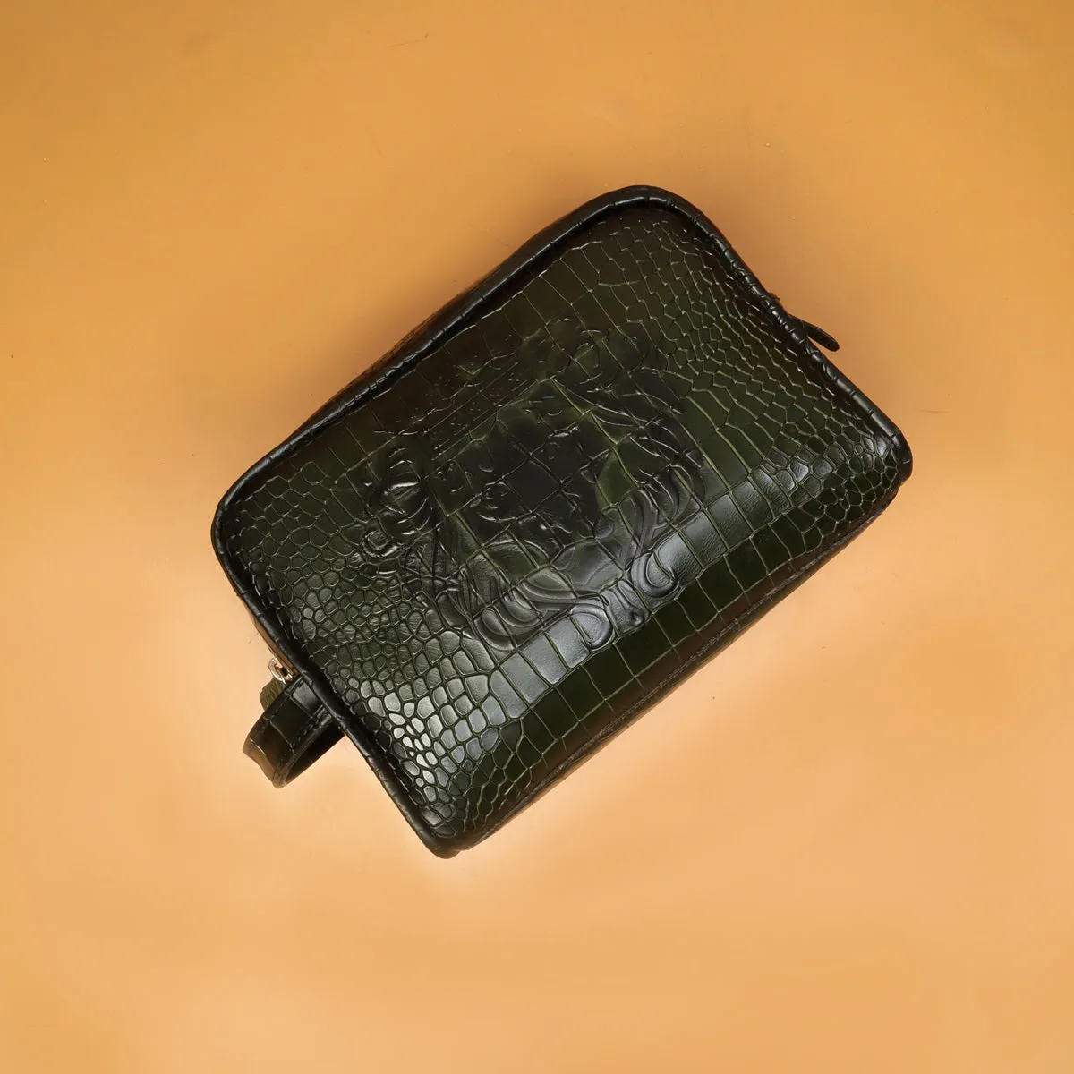 Green Deep Cut Leather Toiletry / Travel Bag