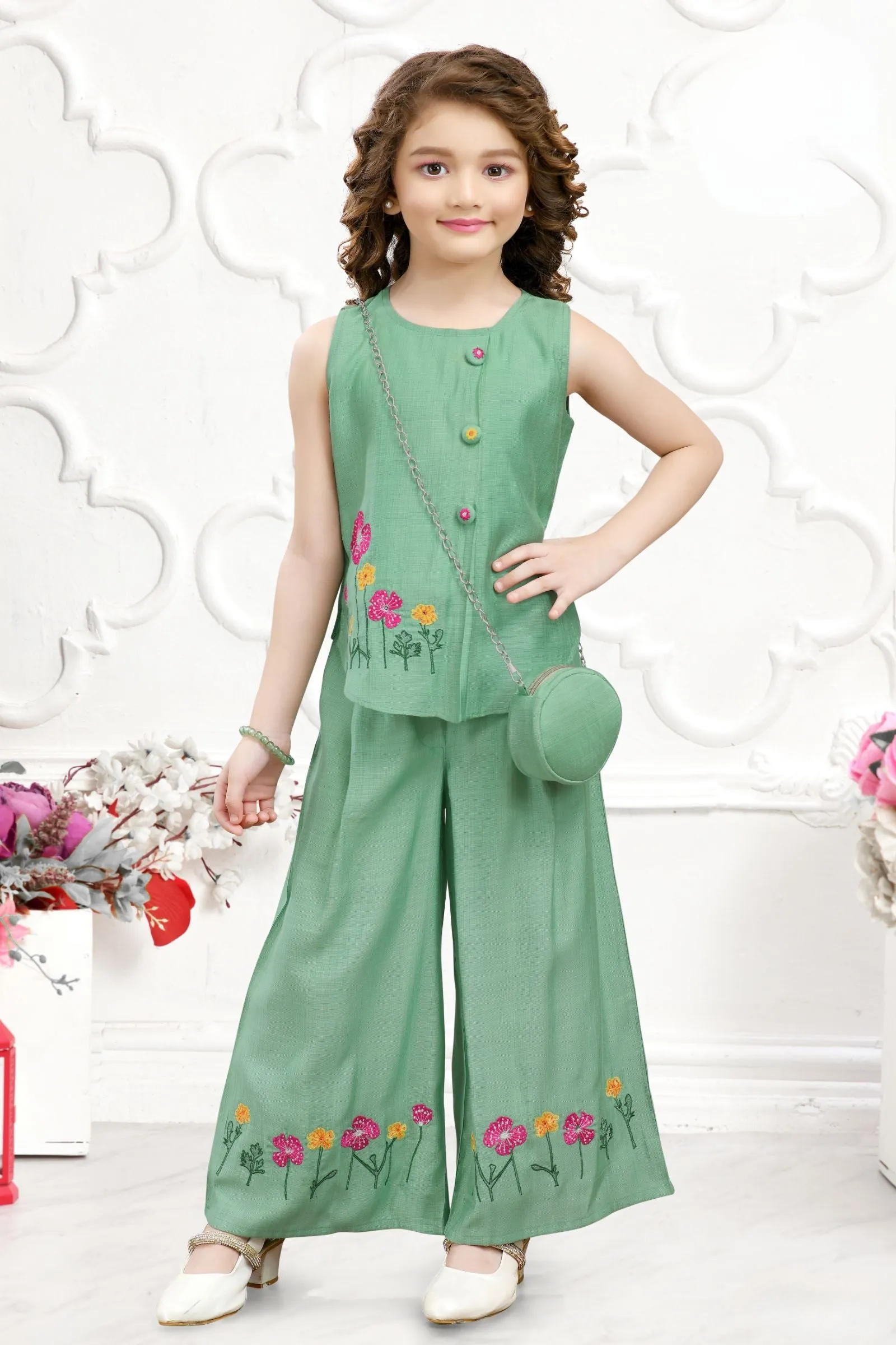 Green Embroidery work Palazzo Set For Girls with Bag