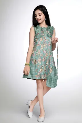 Green Floral Print Casual Frock for Girls